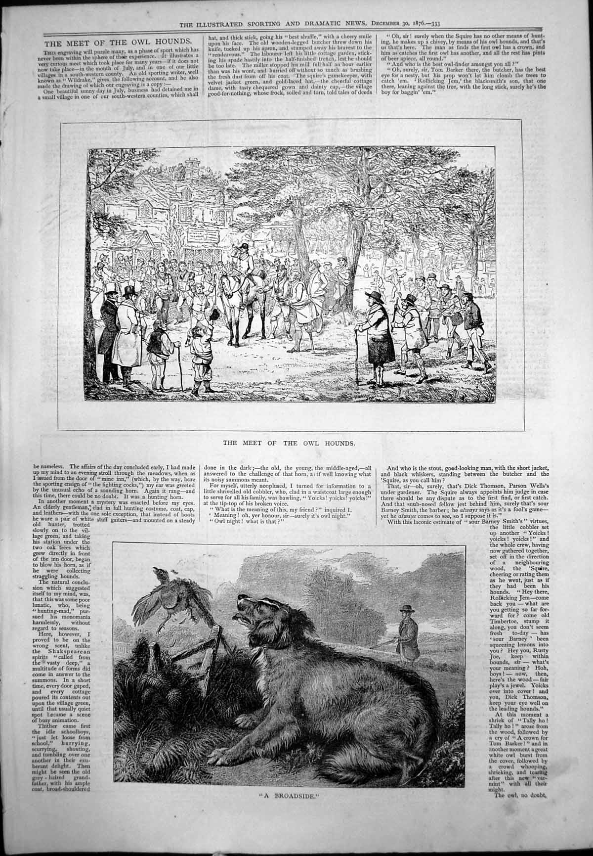 Old Print Meet Owl Hounds Broadside Miss-Shot Pheasant Gun Dog Horse 1876 19th