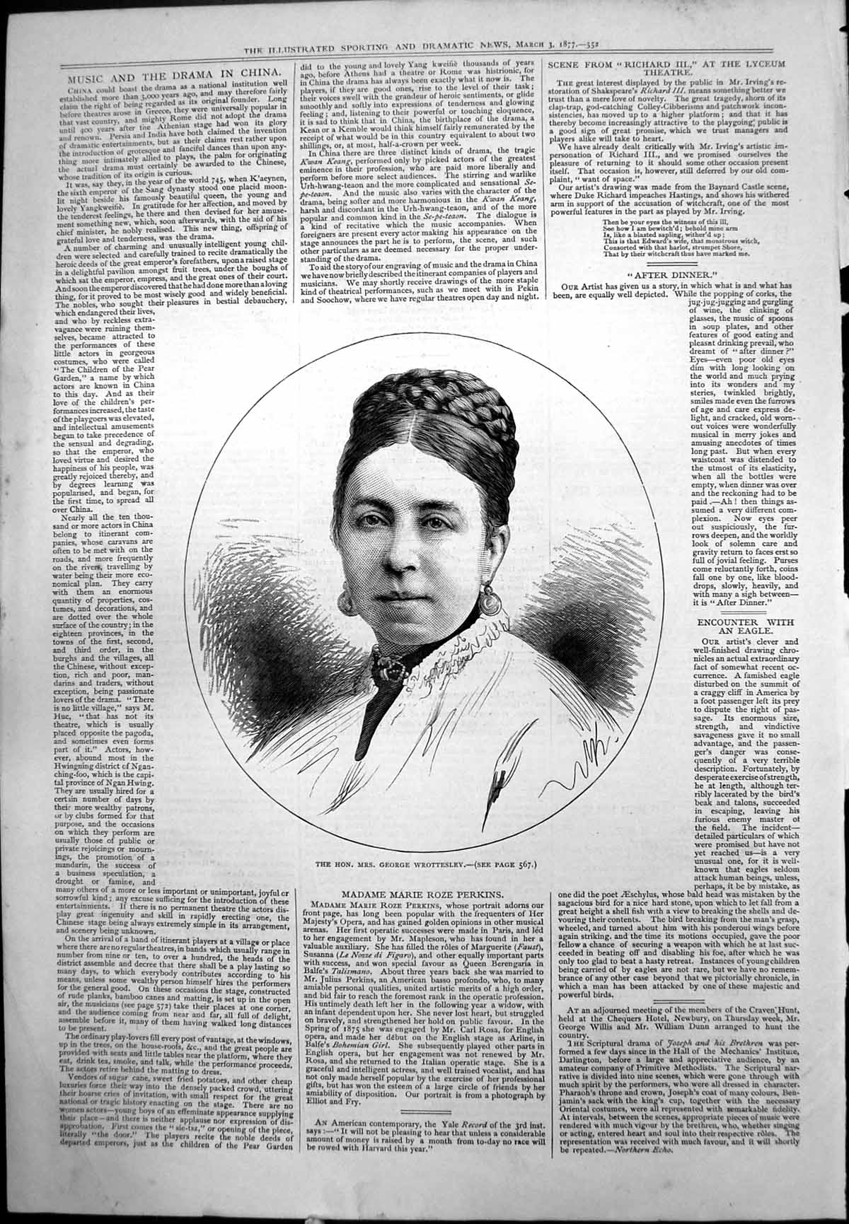 Antique Print Hon Mrs George Wrottesley Portrait Earrings High Collar 1877 19th