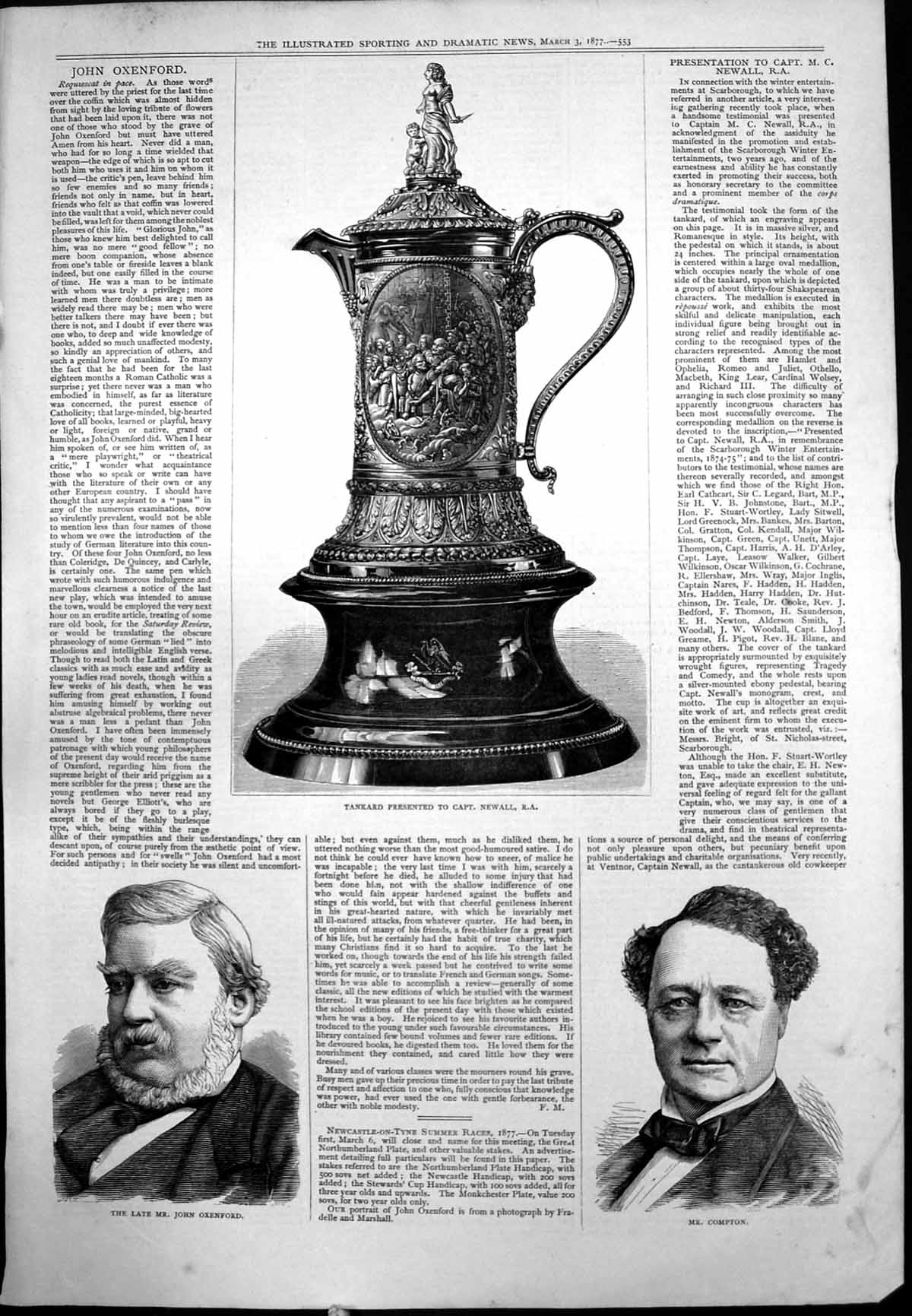 Antique Old Print Tankard Presented Capt Newall John Oxenford Mr Compton 1877