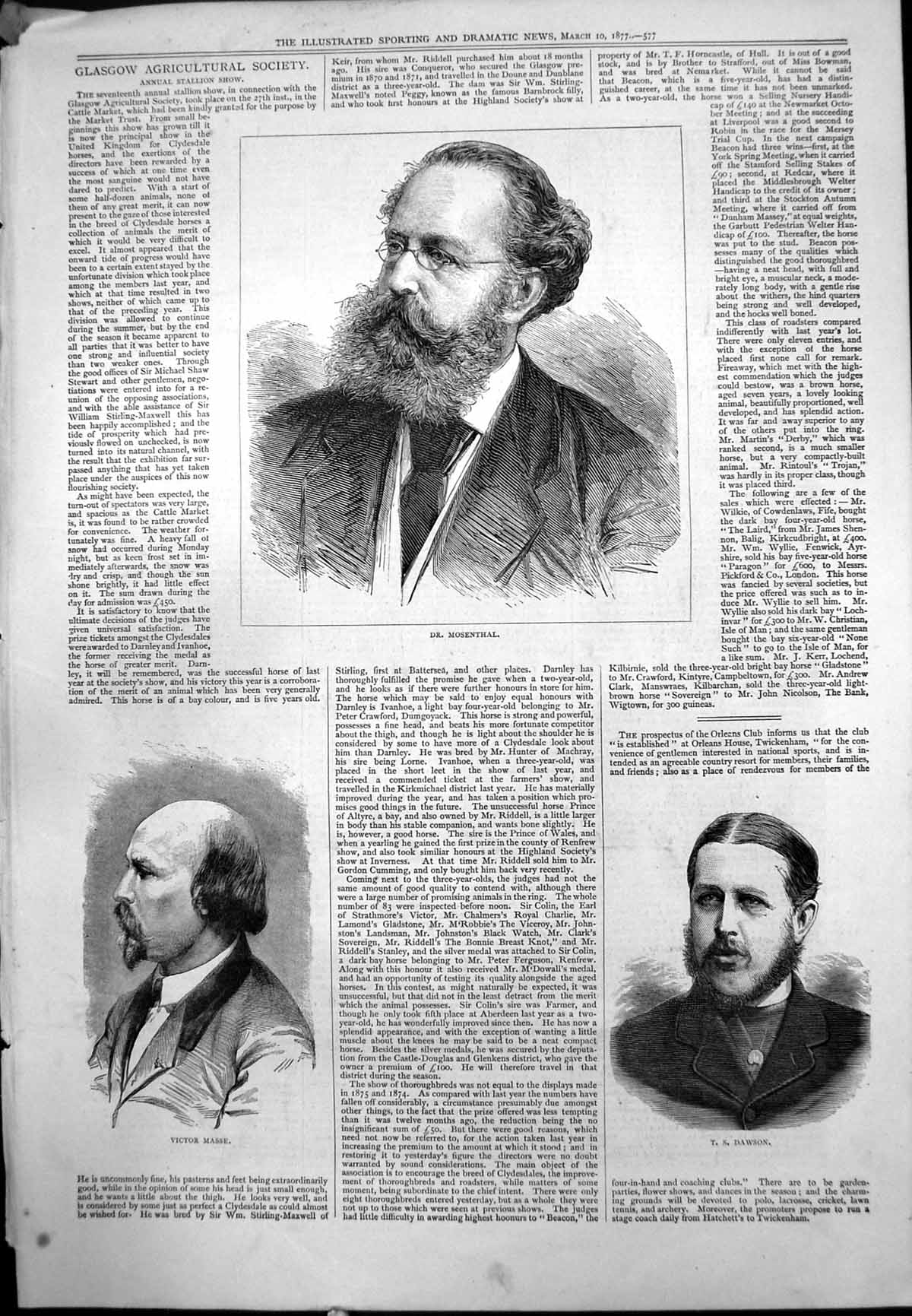 Antique Old Print Dr Mosenthal Victor Masse TS Dawson Portraits Beards 1877