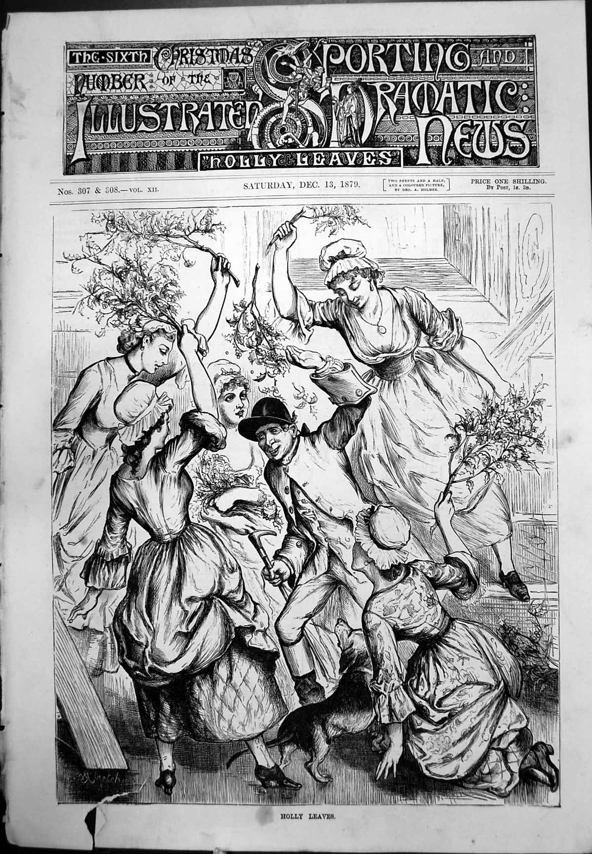 Print Man Maidens Holly Leaves Dog Frontispiece Adverts Bridal Furniture 1879