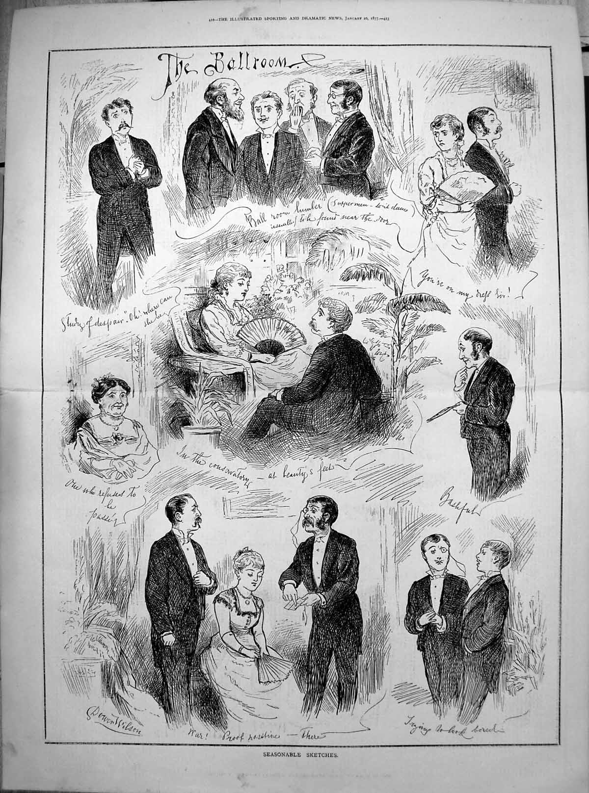 Antique Print Seasonable Sketches Ballroom Conservatory Bored Despair 1877 19th