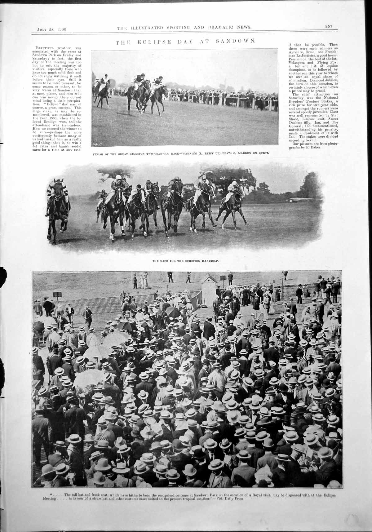 Old Print Eclipse Day Sandown Great Kingston Surbiton Handicap Crowd Races 1900