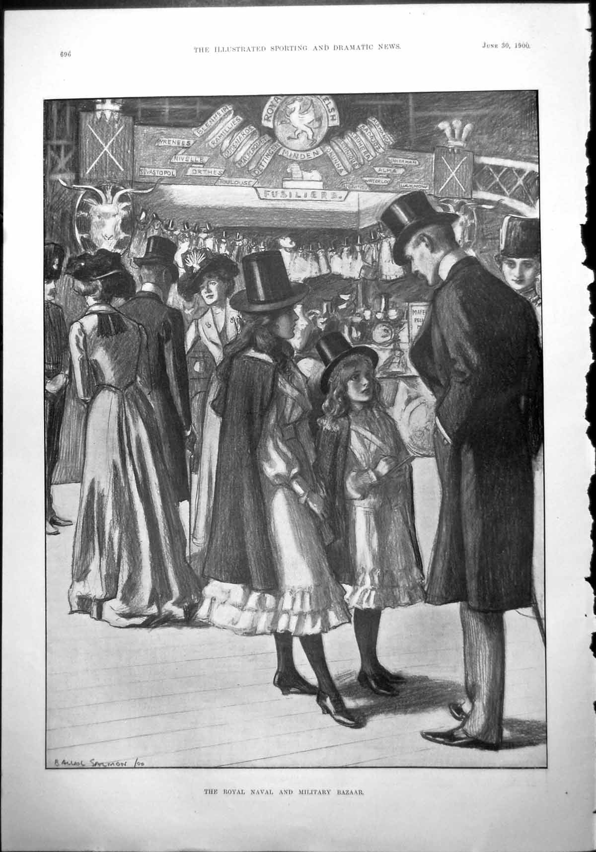 Print Royal Naval Military Bazaar Gentleman Talking Top Hatted Children 1900