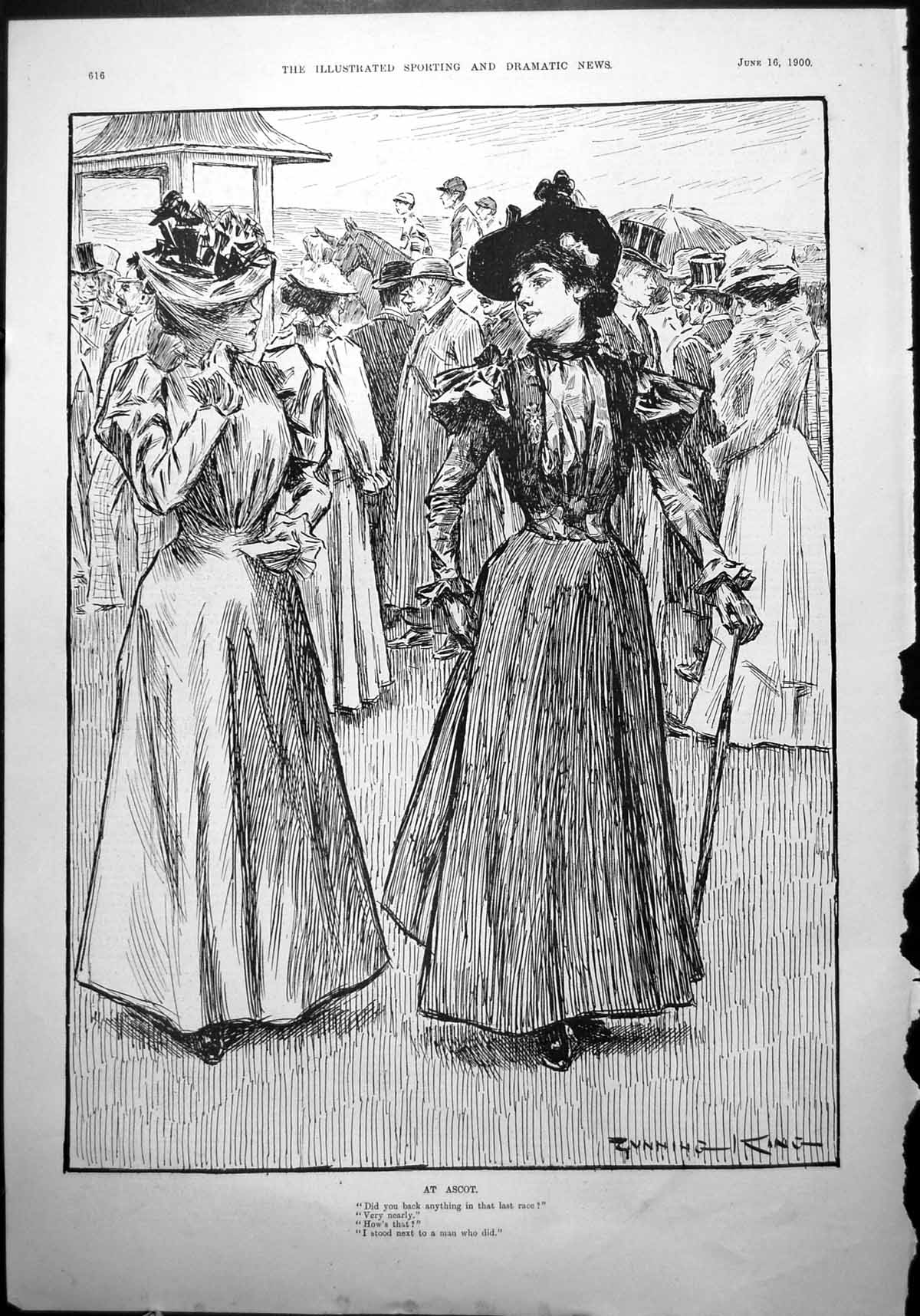 Old Ascot Sketch Two Ladies Discussing Placing Bets Dresses Hats 1900 Victorian