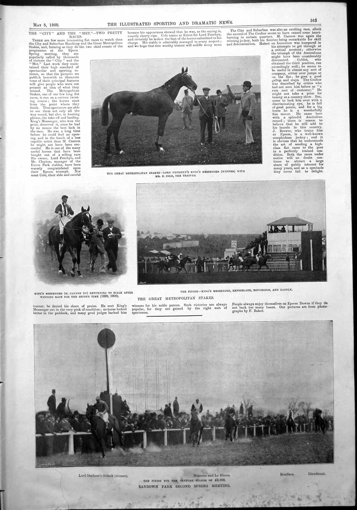 Old Print Sandown Park 2Nd Spring Meet Racing Horses Century Stakes 1900
