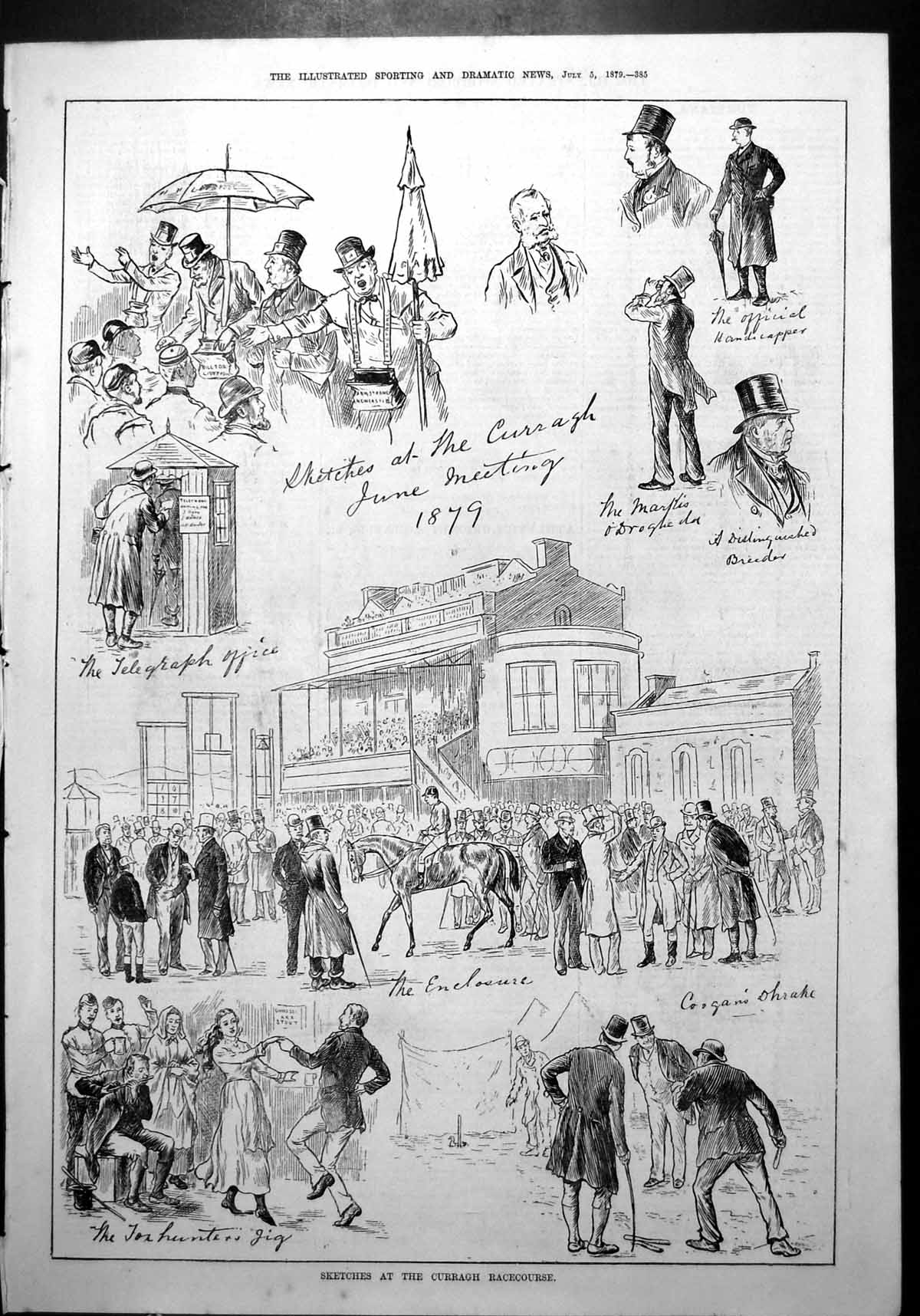Antique Print Sketches Curragh Racecourse Meet Telegraph Office Horses 1879