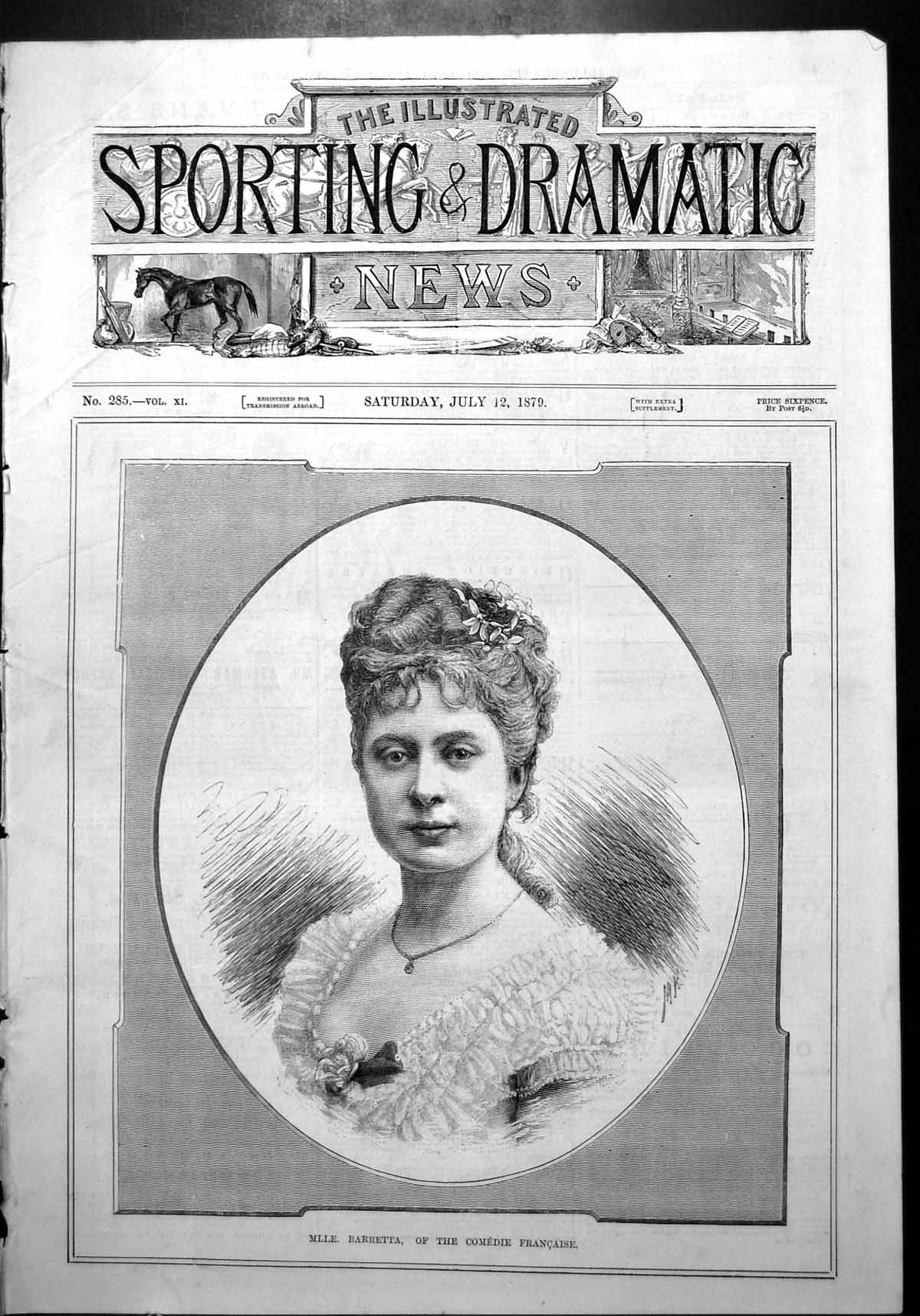 Old Print Mlle Barretta Comedie Francaise Frontispiece Portrait Lacy Dress 1879