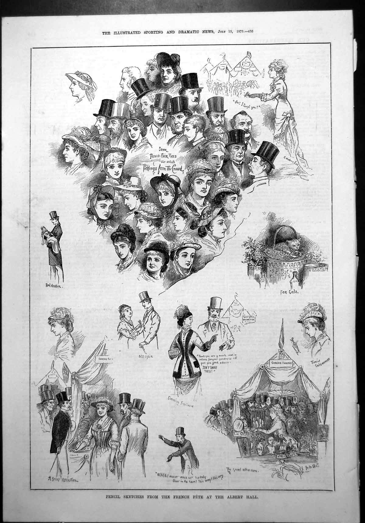 Old Sketches French Fete Albert Hall Faces From Crowd Sale Items 1879 Victorian