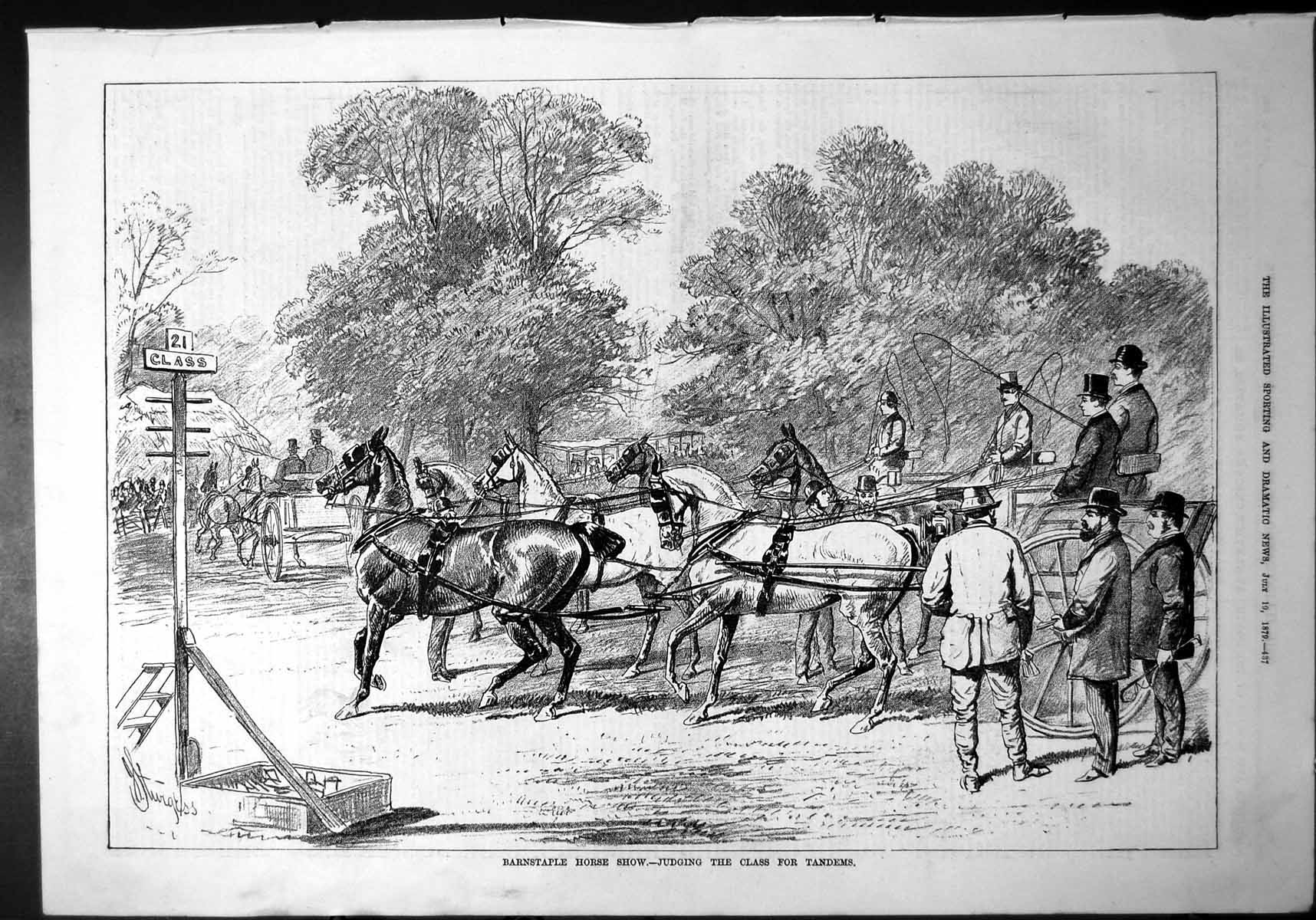 Old Print Barnstaple Horse Show Judging Tandem Class Horses Carriage 1879 19th