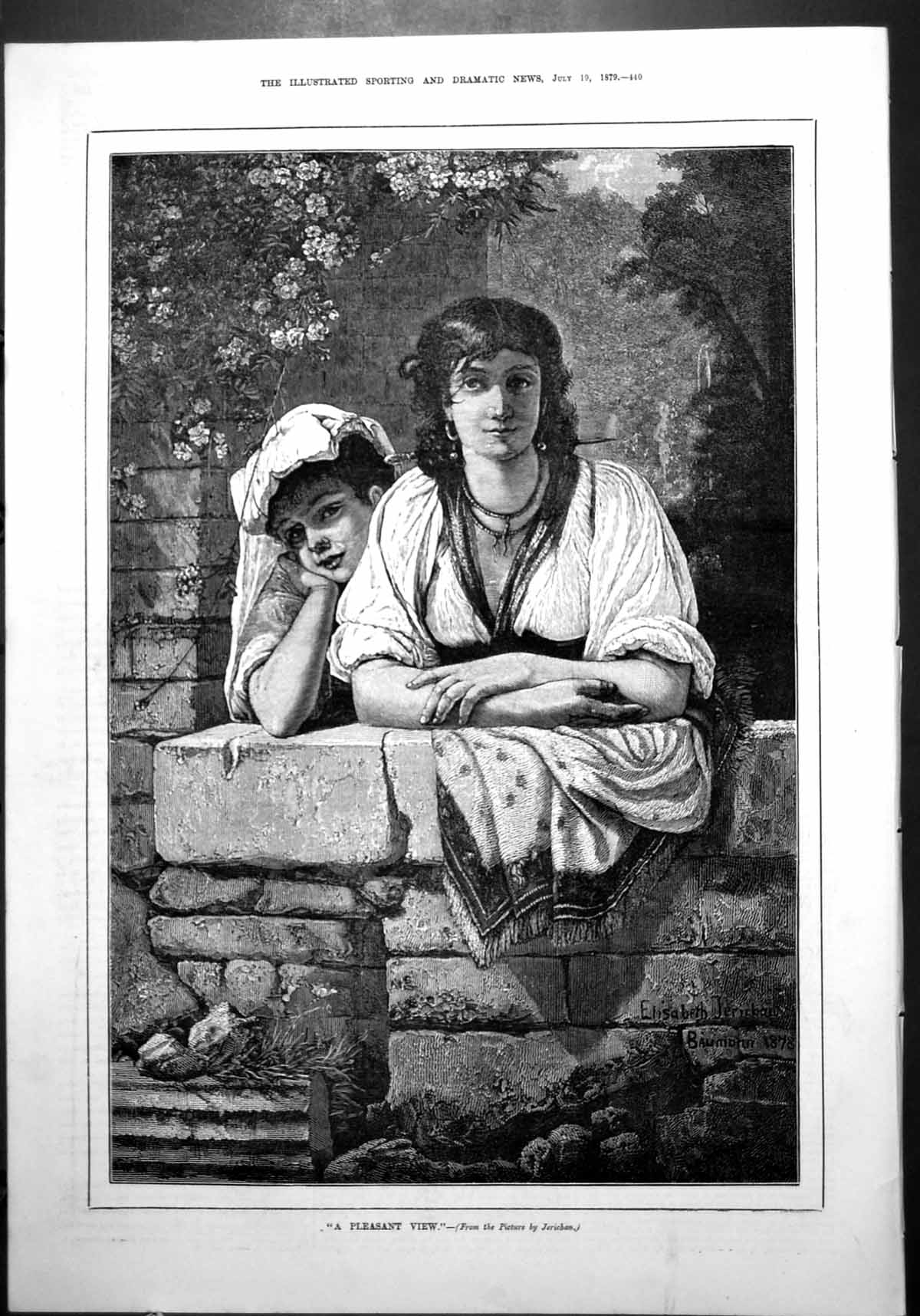Old Pleasant View Picture Elizabeth Jerichan Lady Child Stone Wall 1879 19th