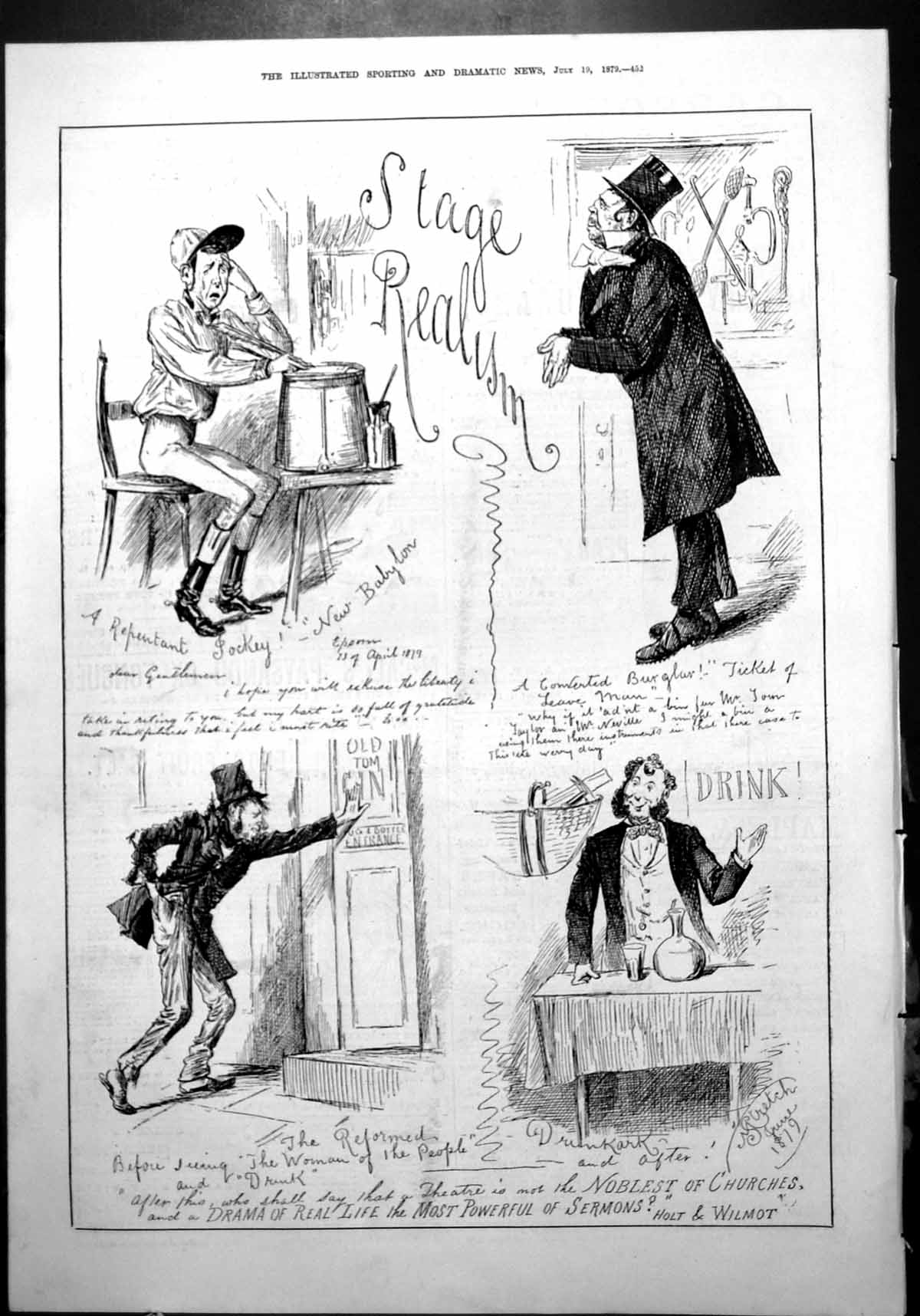 Old Print Stage Realism Sketches Jockey Burglar Drunk Reformed Drink 1879 19th