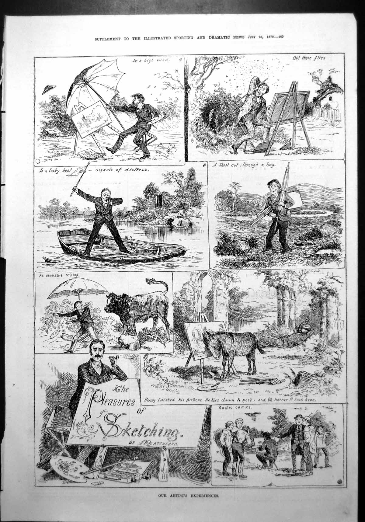 Print Pleasure Skecthing Wind Flies Boat Bog Bull Donkey Rustic Critics 1879