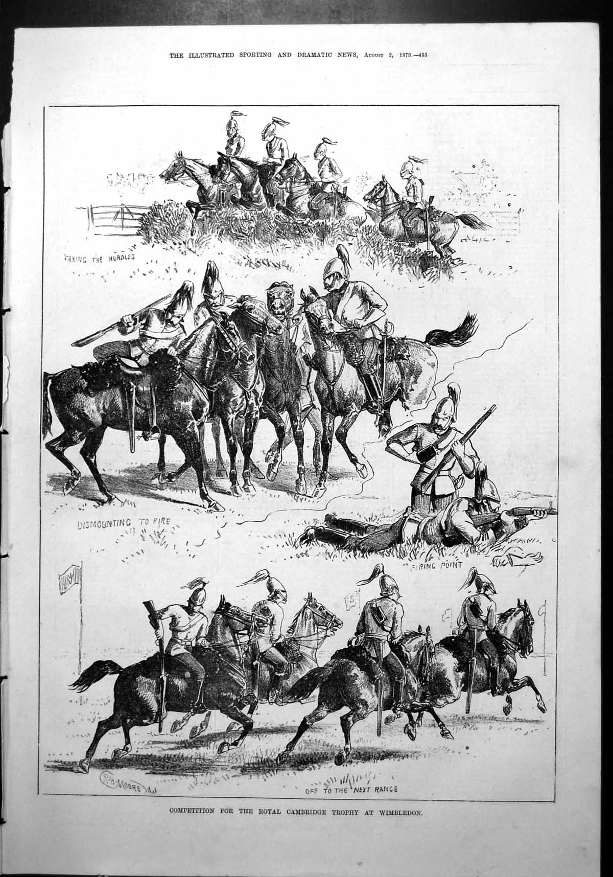 Old Print Competition Royalcambridge Trophy Wimbledon Horses Firing 1879 19th