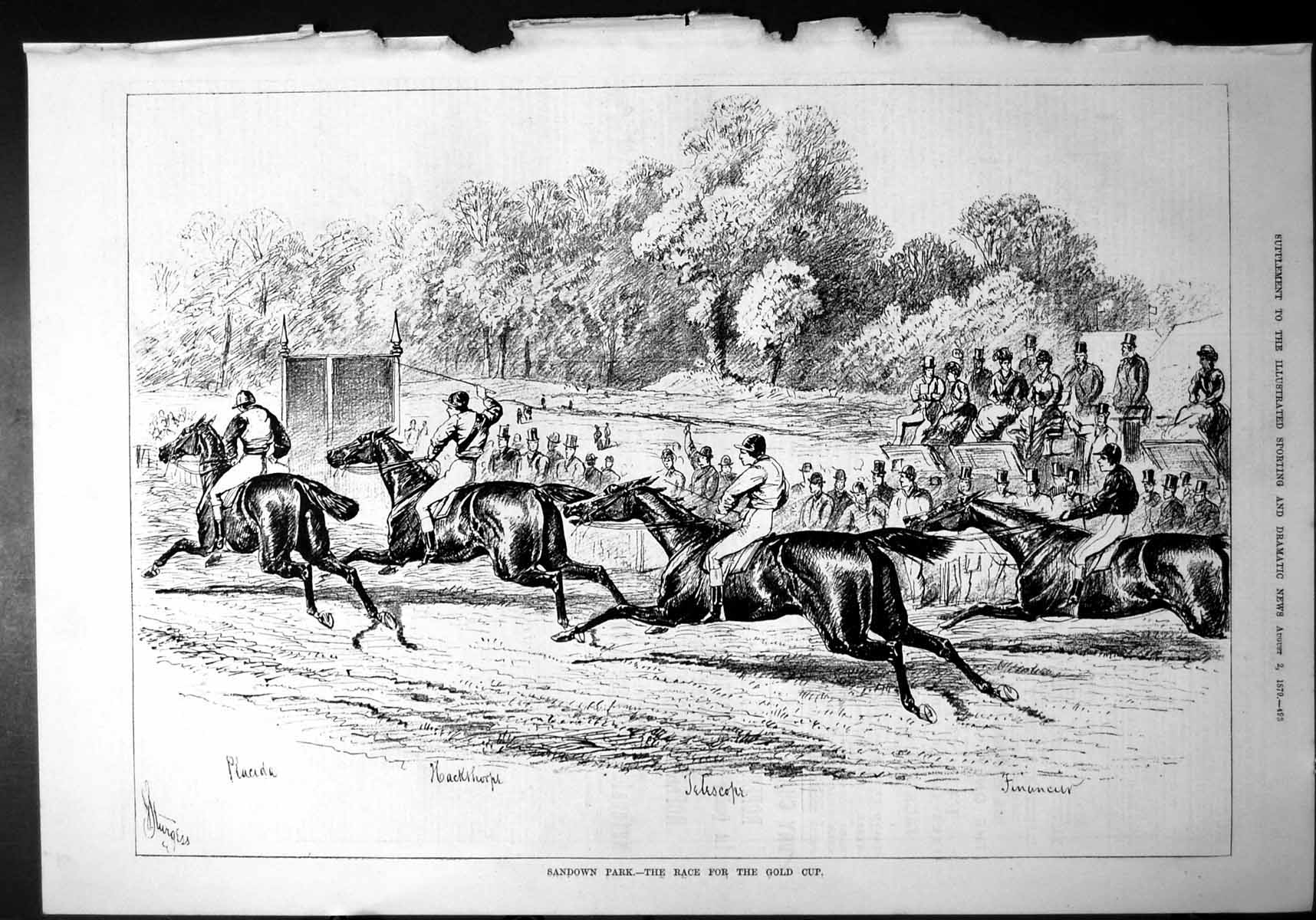 Antique Old Print Sandown Park Race For GCup Horses Racing Spectators 1879 19th