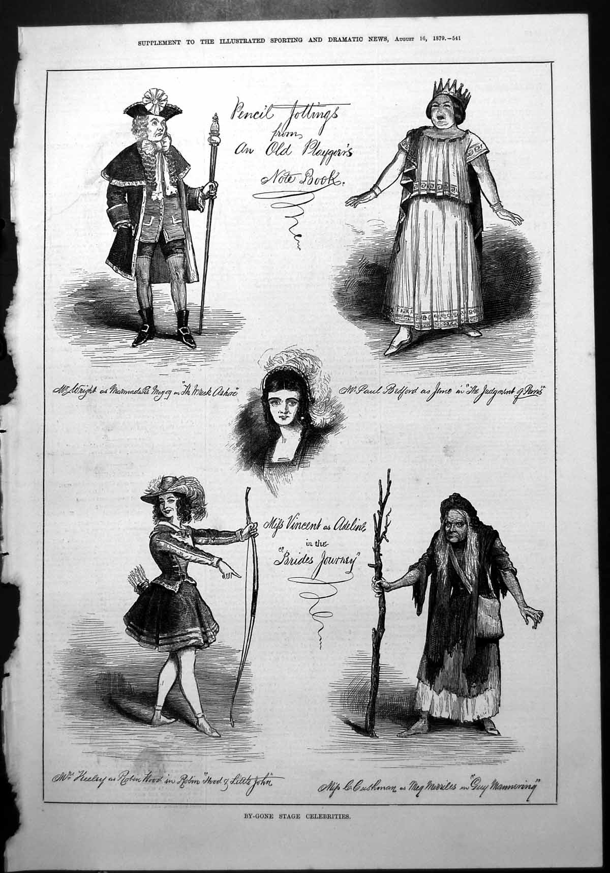 Antique Print By-Gone Stage Celebrities Wright Bedford Keeley Cushman 1879 19th