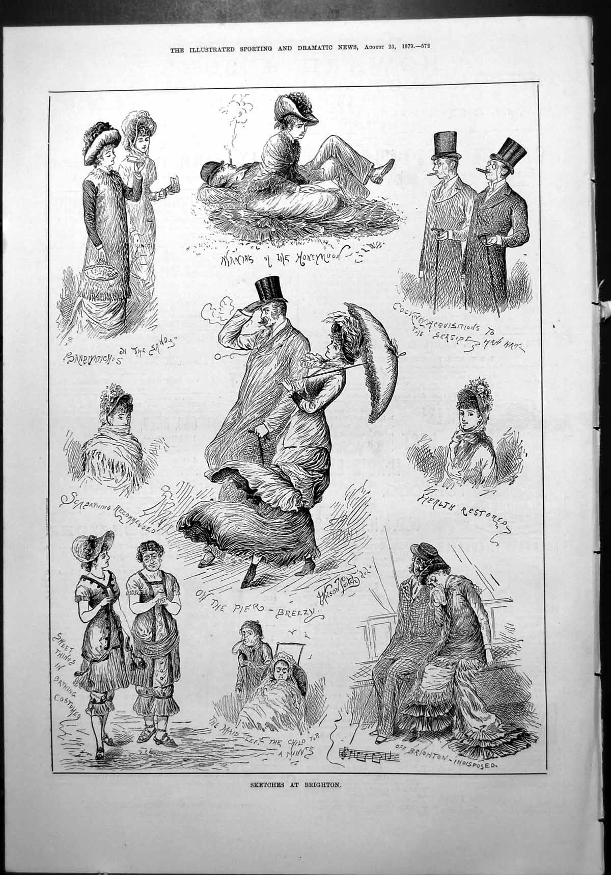 Old Print Sketches Brighton Windy Parasol Health Restored Sandwiches 1879 19th