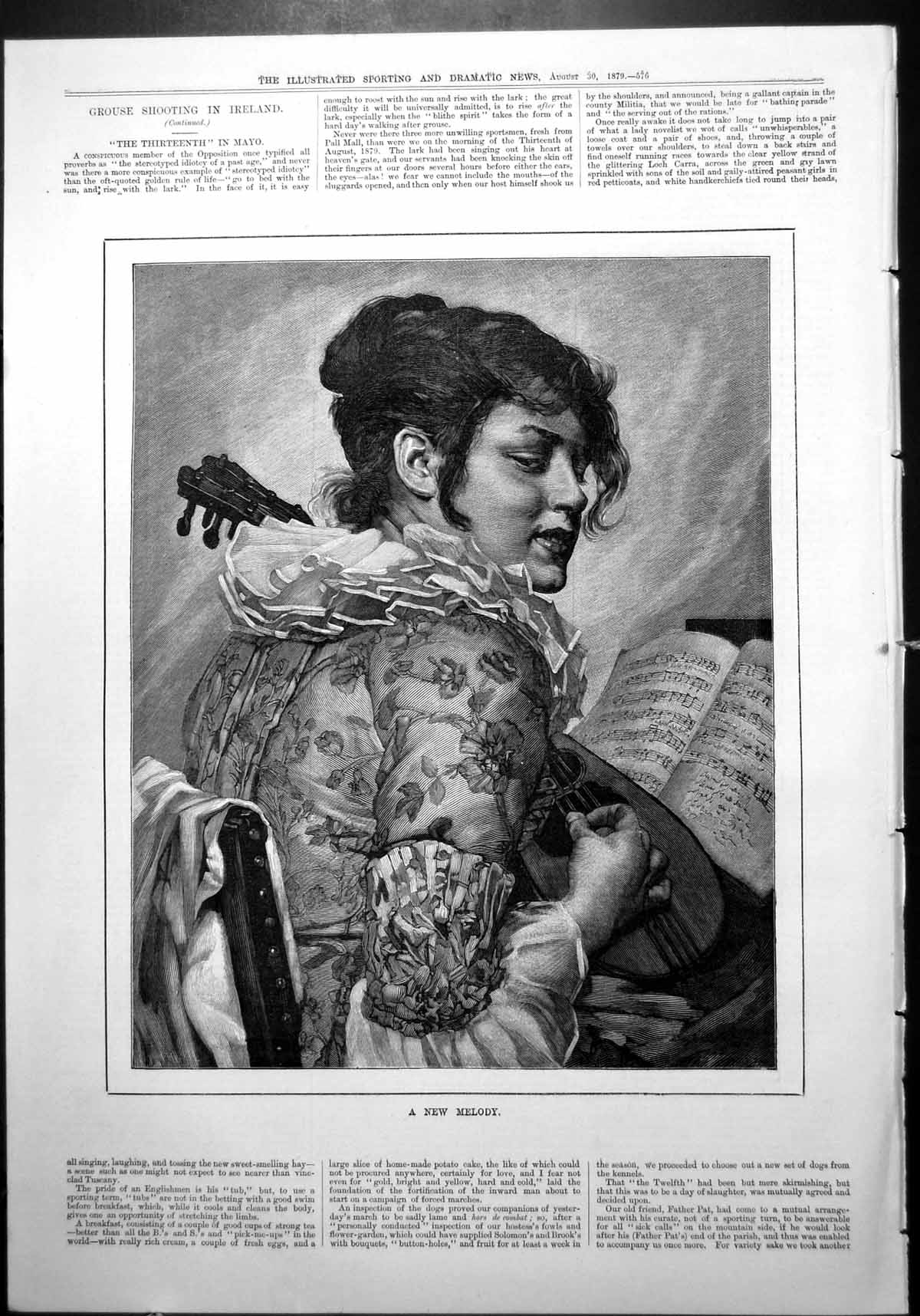 Old New Melody Lady Playing Guitar Music Sheet Floral Dress Chair 1879 19th