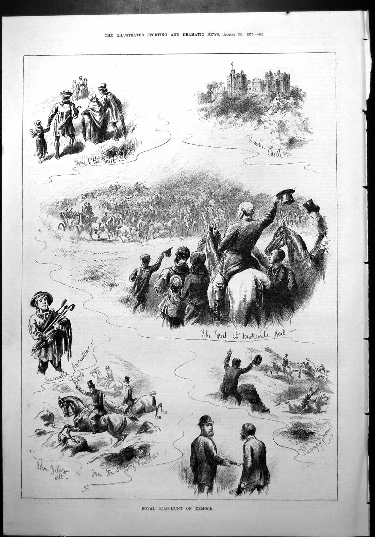 Antique Print Royal Stag Hunt Exmoor Dunster Castle Meet Hawcombe Hall 1879
