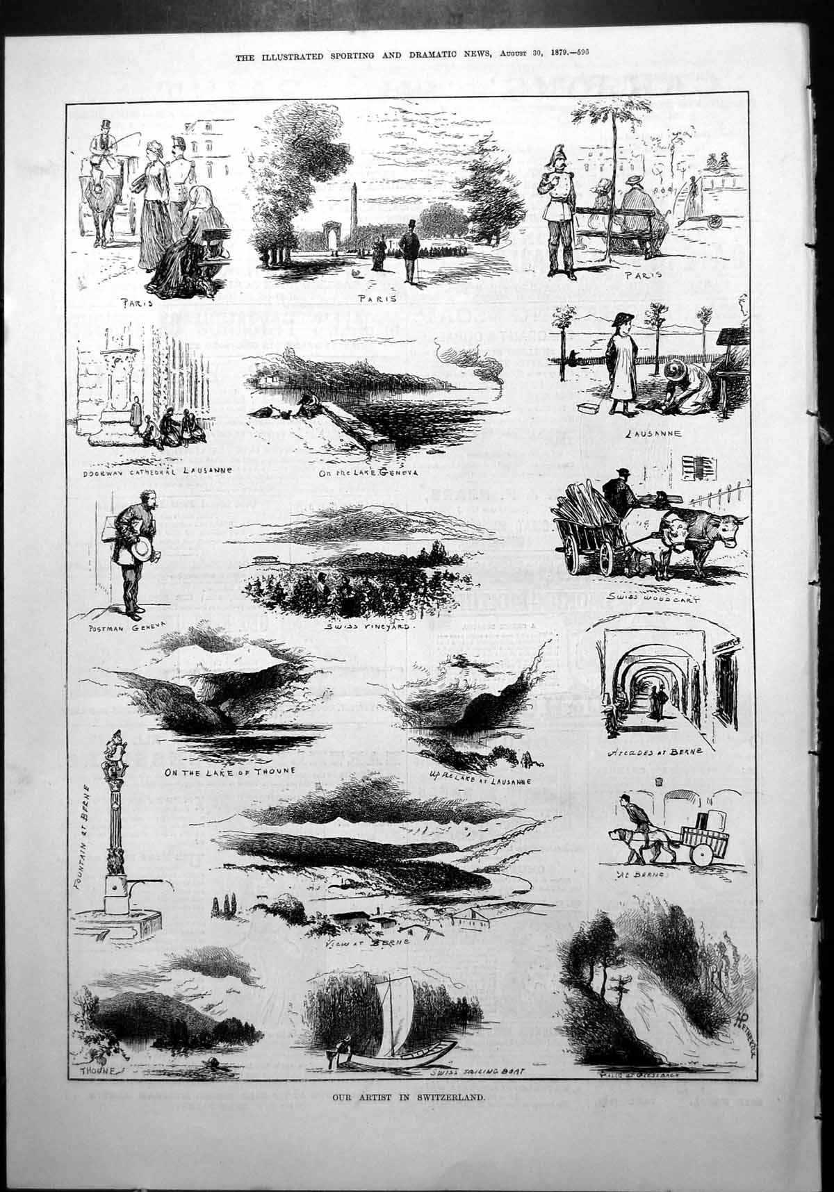 Old Print Artist Switzerland Paris Lake Geneva Lausanne Thoune Berne 1879 19th