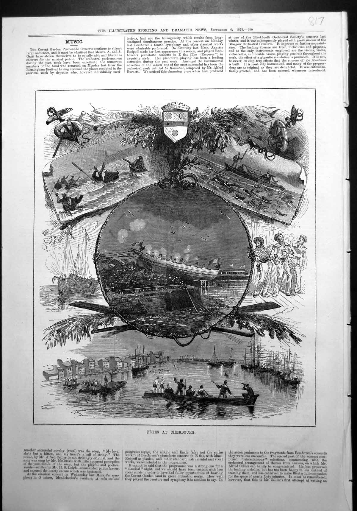 Antique Old Print Fetes Cherbourg Tub Racing Launch Boat Seamen Swimmers 1879