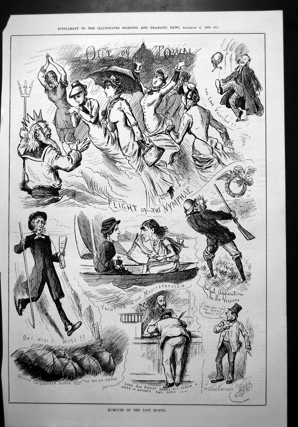 Old Print Humourrs Past Month Flight Nymphae Yachting Mediterranean 1879 19th