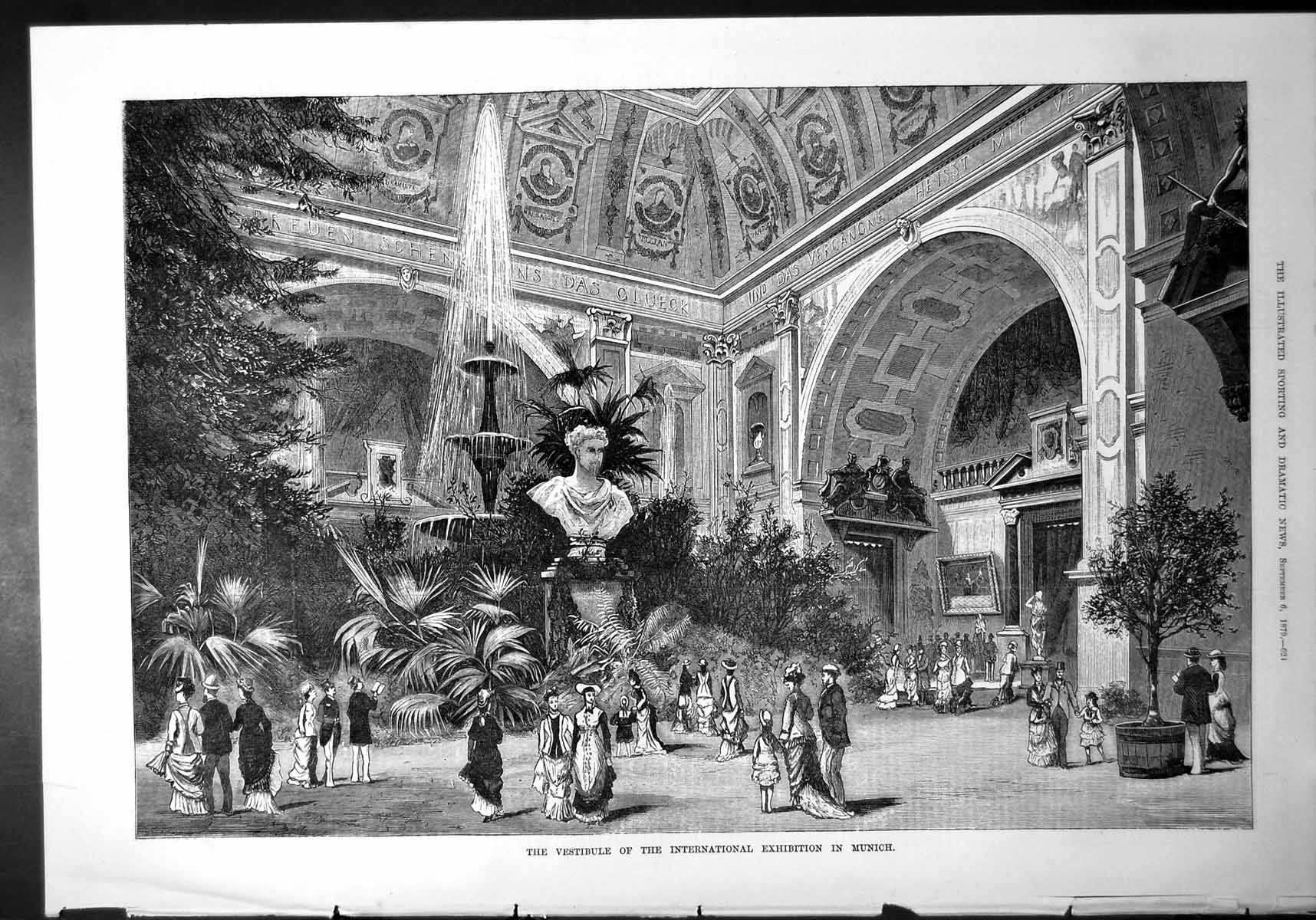 Old Print Vestibule International Exhibition Munich Fountain Statue Plants 1879