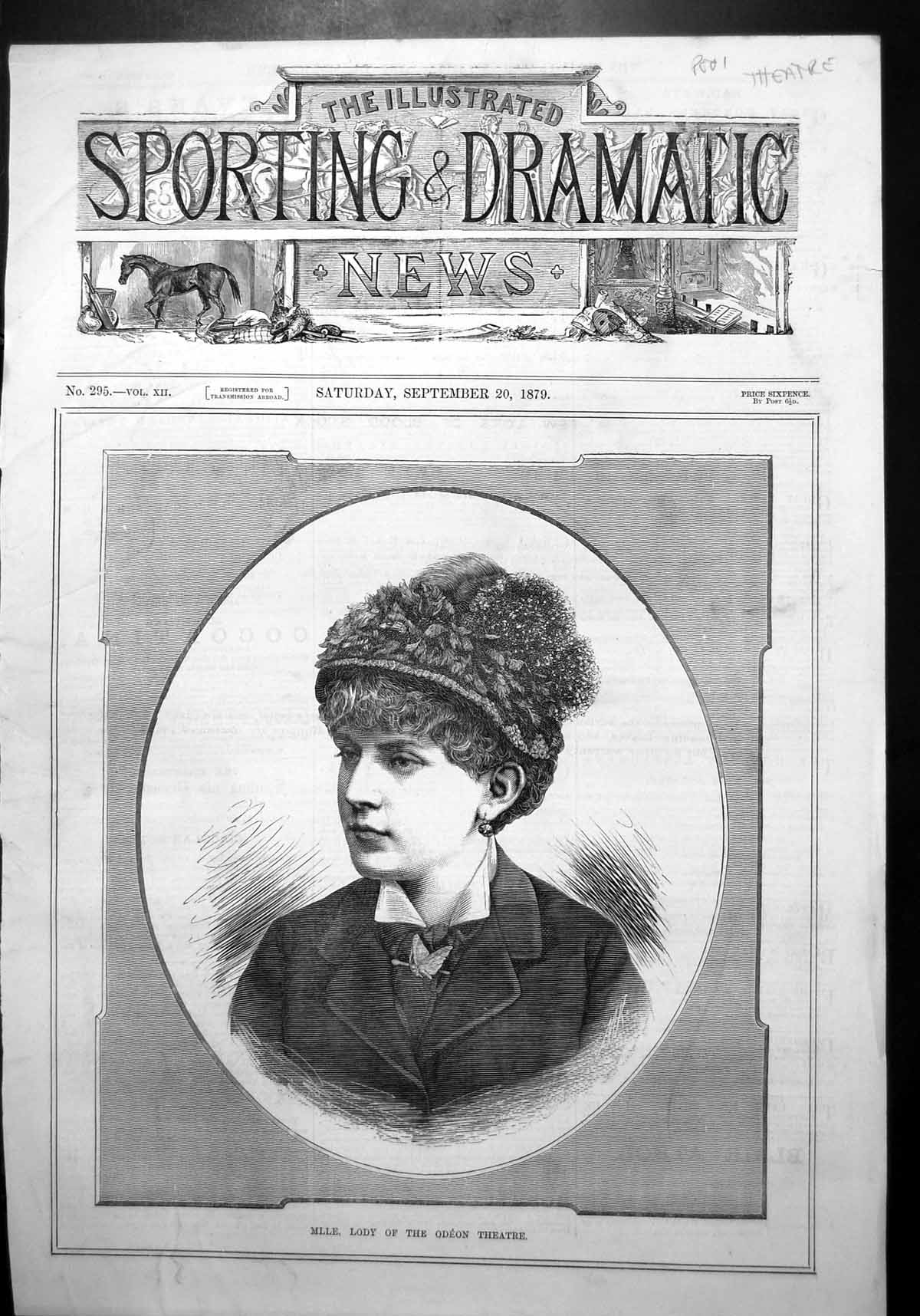 Old Print Mlle Lody Odeon Theatre Portrait Frontispiece Hat Coat Pin 1879 19th