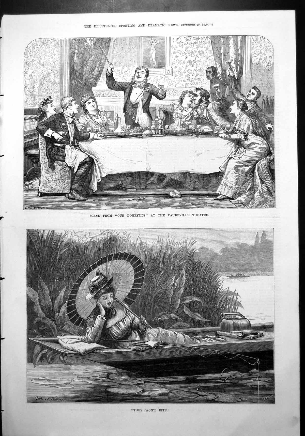Print Scene Domestics Vaudeville Theatre Lady Fishing Reclining Reading 1879