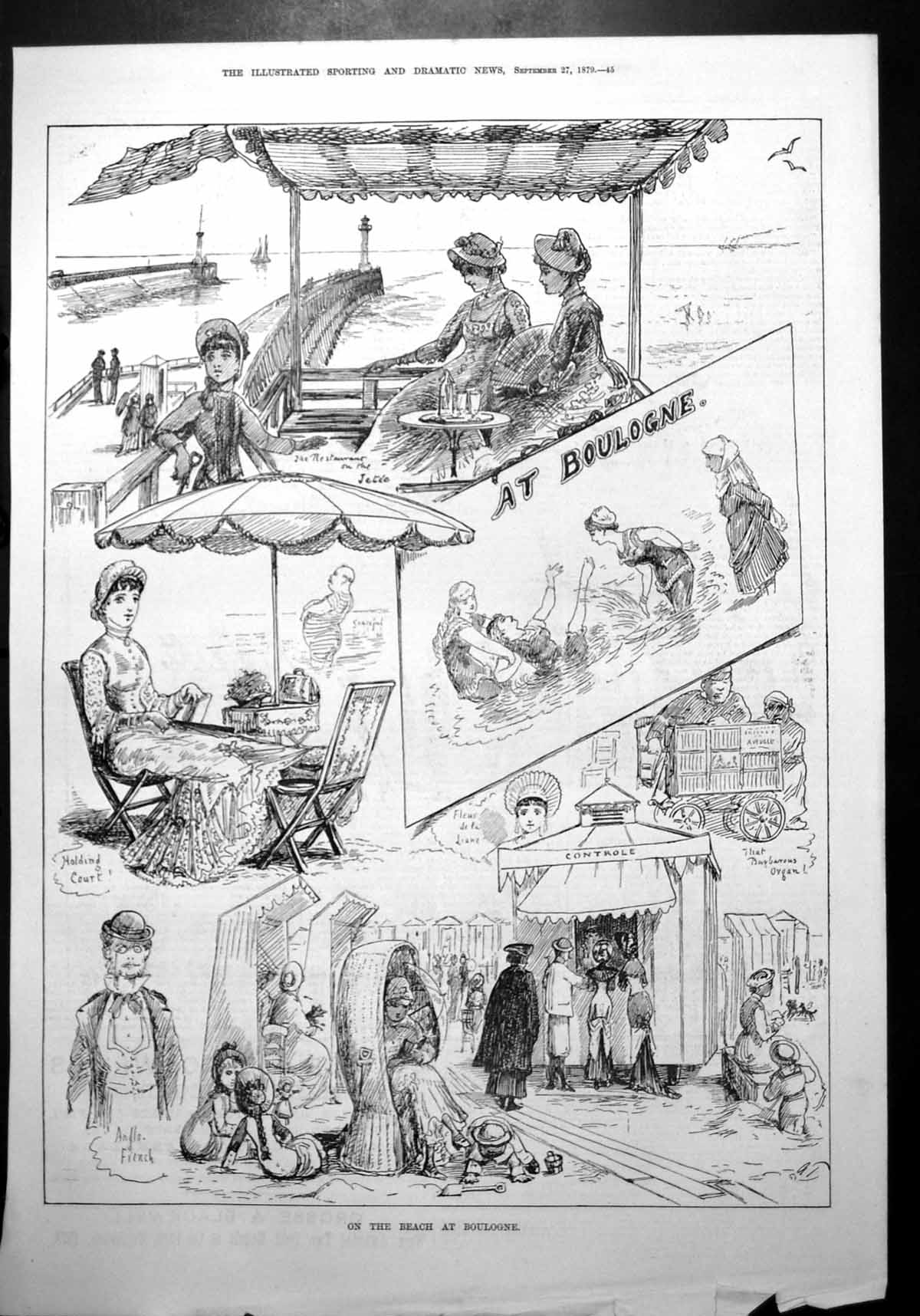 Antique Old Print Beach Scenes Boulogne Organ Controle Restaurant Jetee 1879