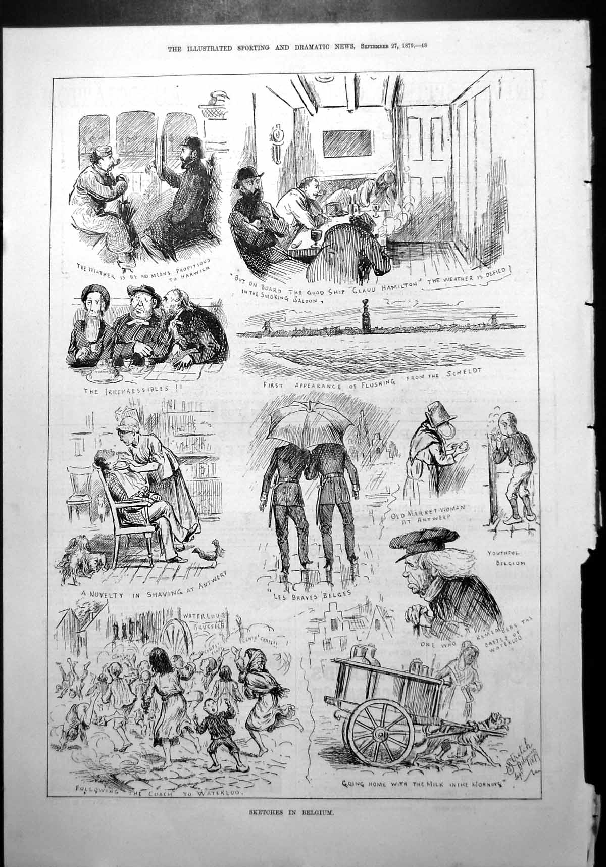 Old Sketches Belgium Claud Hamilton Ship Smoking Room Rain Antwerp 1879 19th