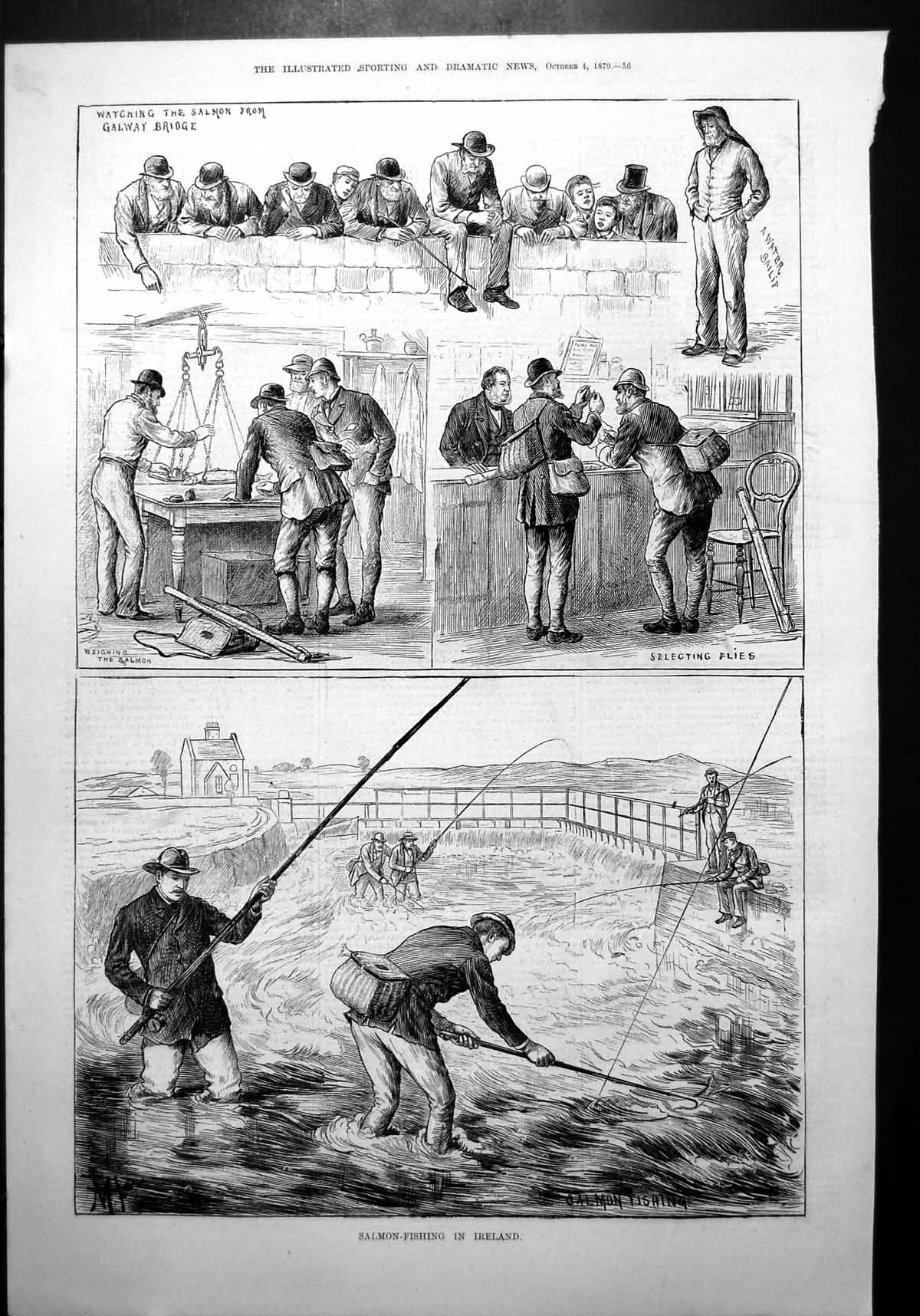 Print Salmon Fishing Ireland Galway Bridge Water Bailiff Weighing Flies 1879