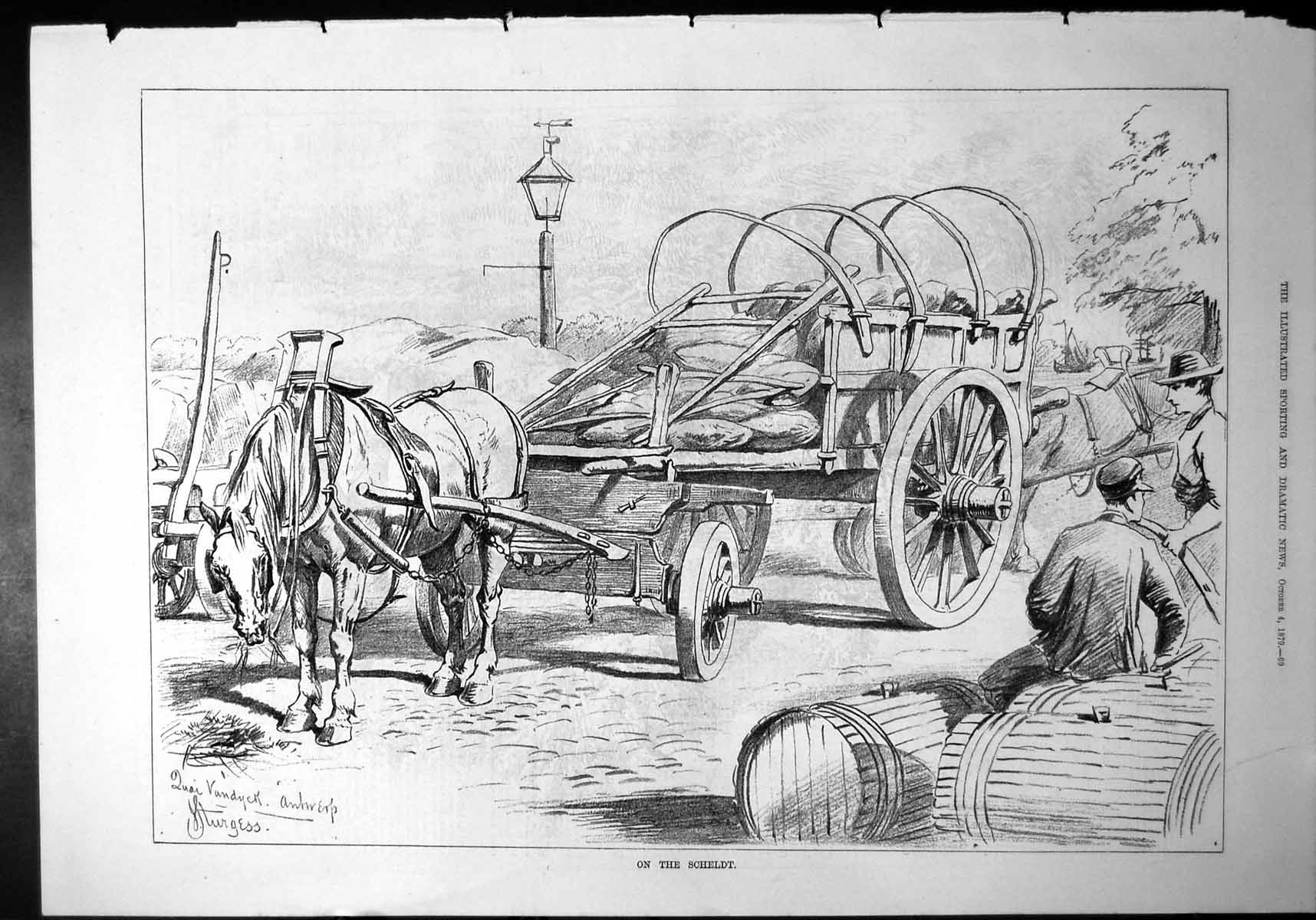 Old Scheldt Horse Eating Hay Yoked Cart Sacks Barrels Stoppered 1879 Victorian