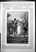 Antique Old Print Marriage Outdoors Lady Gentleman Bouquet Steps Parasol 1879