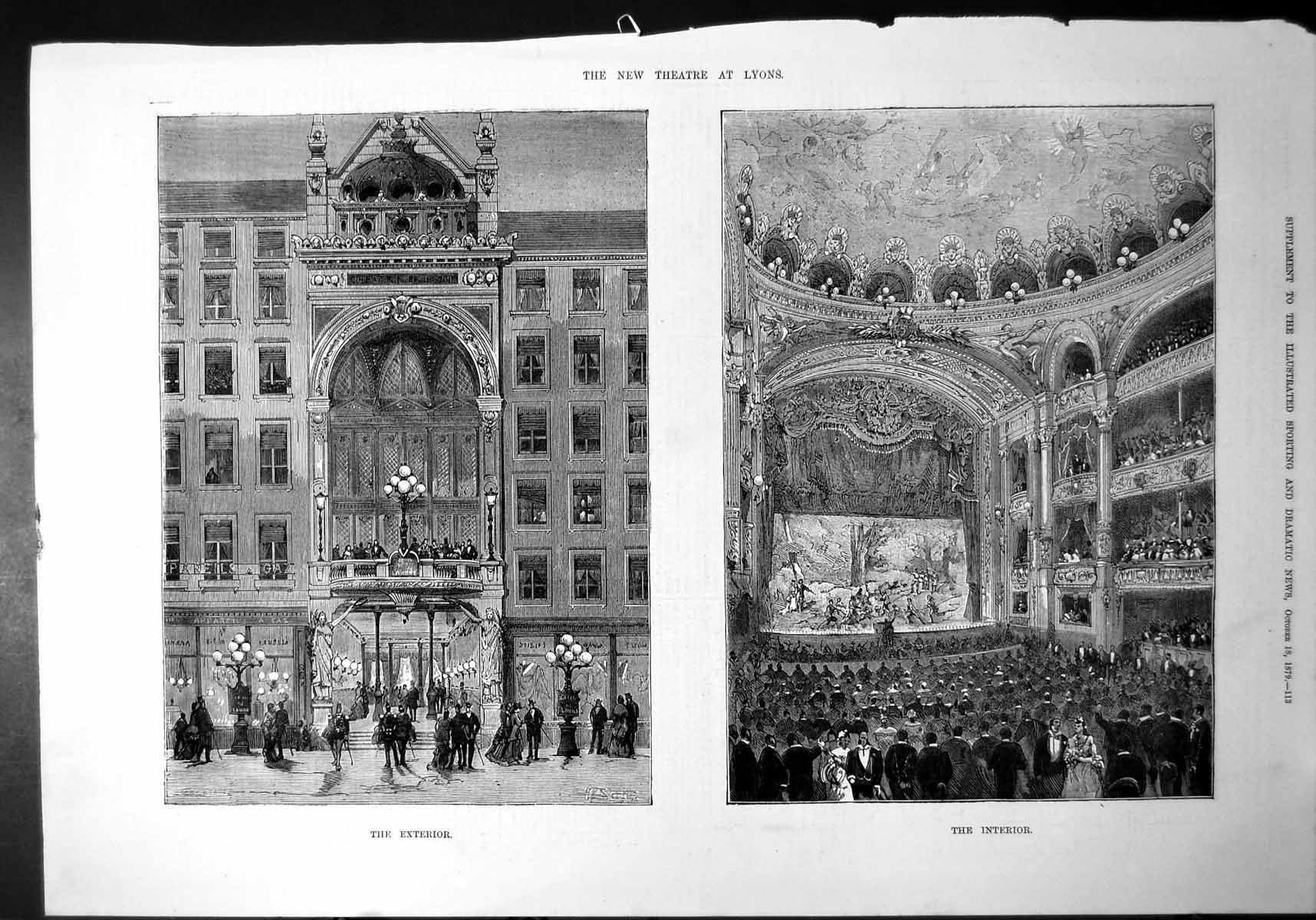 Old Print New Theatre Lyons Exterior Ornate Lighting Interior Boxes 1879 19th