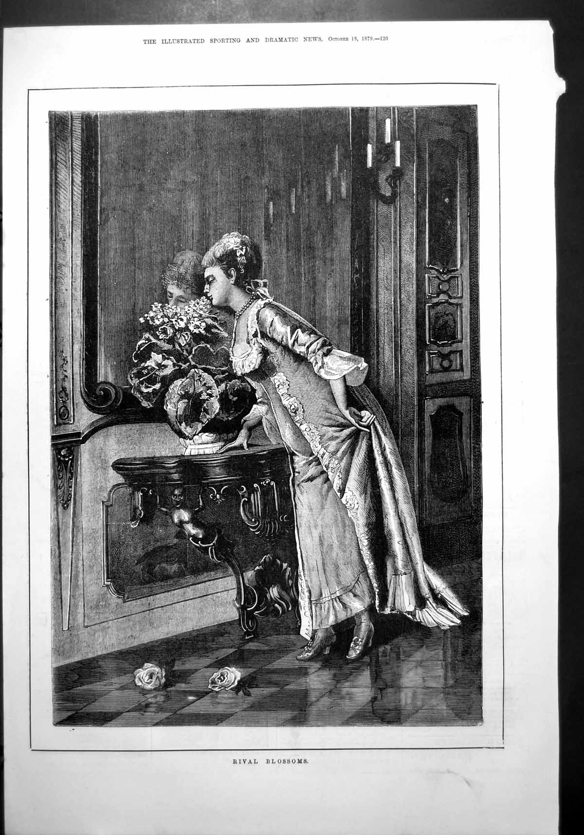 Old Rival Blossoms Lady Smelling Scent Indoor Flowers Roses Floor 1879 19th