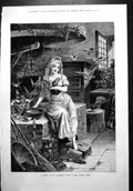 Old Breakfast Party Barefoot Girl Bowl Range Birds Feeding Broom 1879 Victorian
