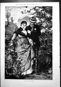 Old Gentleman Carries Parasol Lady Collecting Wildflowers Skirts 1879 Victorian
