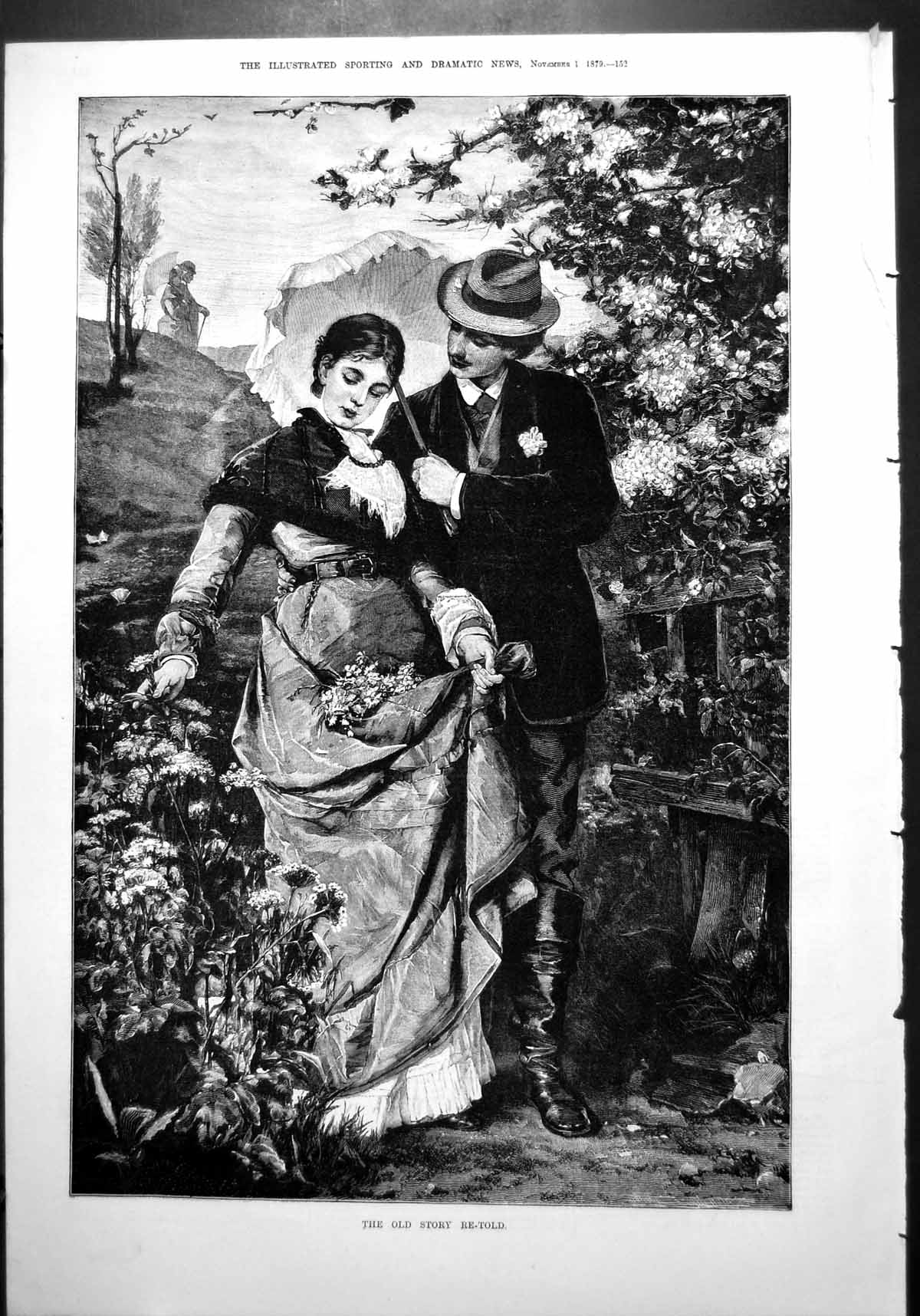 Old Gentleman Carries Parasol Lady Collecting Wildflowers Skirts 1879 Victorian