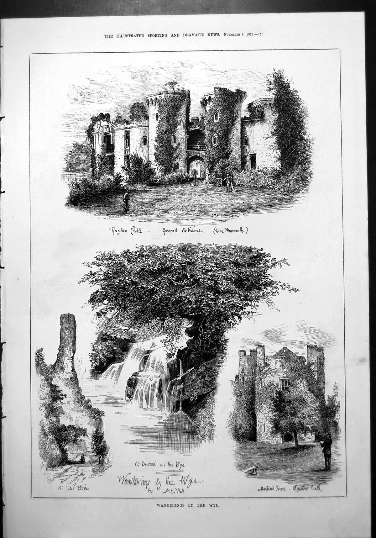 Old Wye Raglan Castlegrand Entrance Waterfall Weir Marten'S Tower1879 Victorian