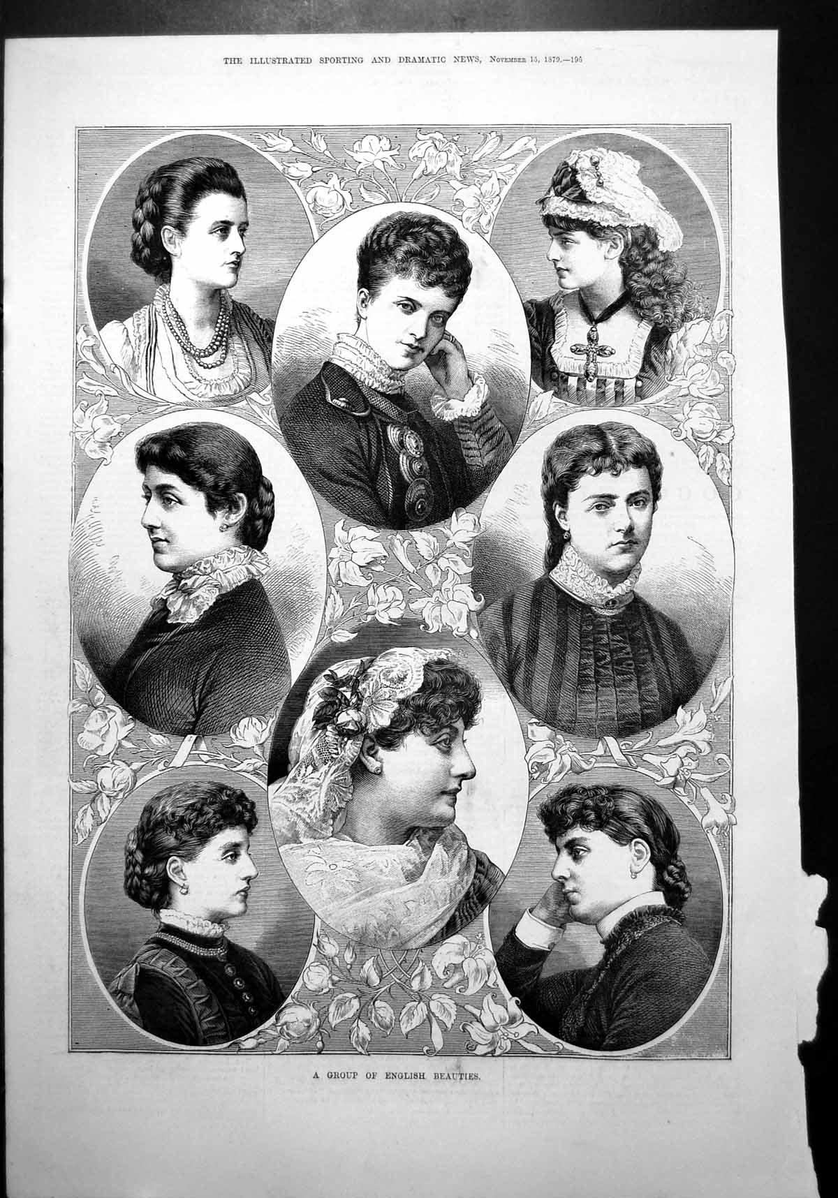 Old Group English Beauties Eight Un-Named Ladies Portraits Floral 1879 19th