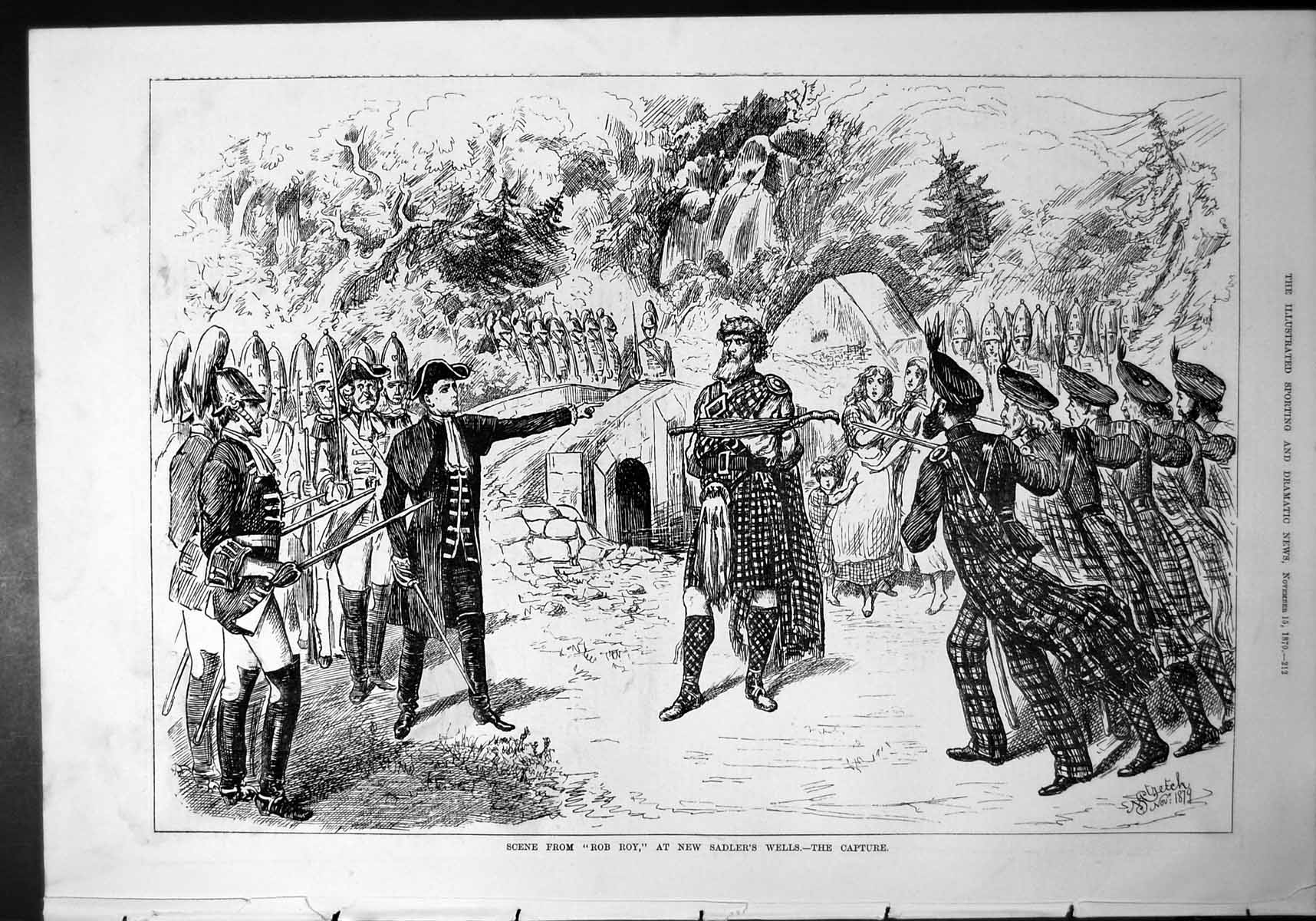 Old Print Scene Rob Roy New Sadler'S Wells Capture Kilt Plaid Siers 1879 19th