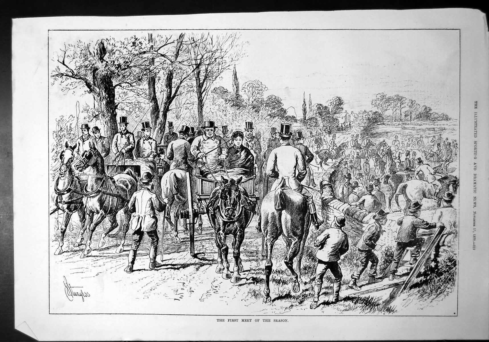 Old Print First Meet Season Sturgiss Carriages Top Hats Horses Crowd 1879 19th
