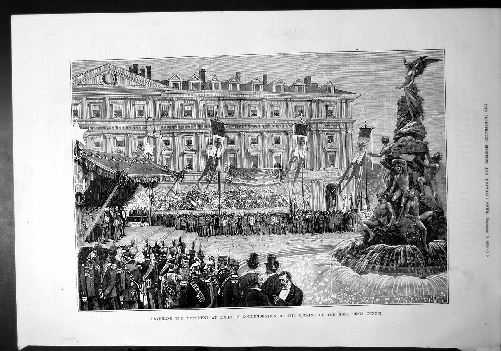 Old Unveiling Monument Turin Opening Mont Cenis Tunnel Fountain 1879 Victorian
