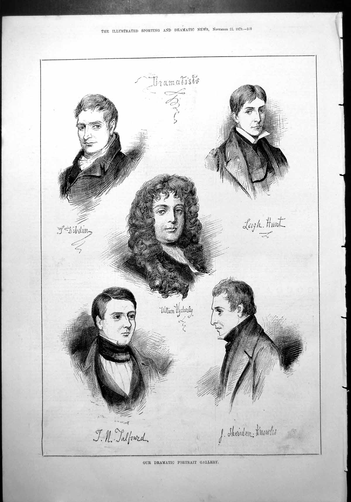 Old Print Dramatist Portraits Dibdin Hunt J Sheridan Knowles Others 1879 19th