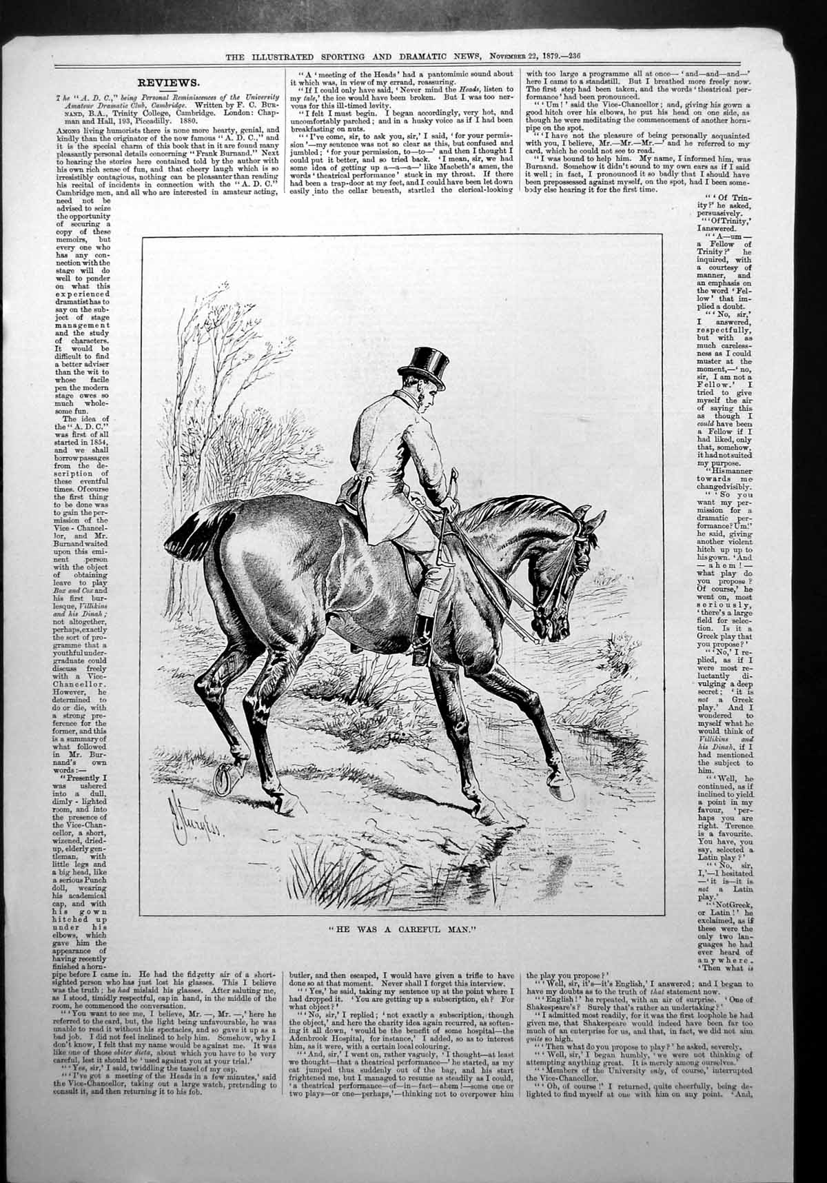 Old Print Careful Crossing Water Man Astride Horse Top Hat Sturgiss 1879 19th