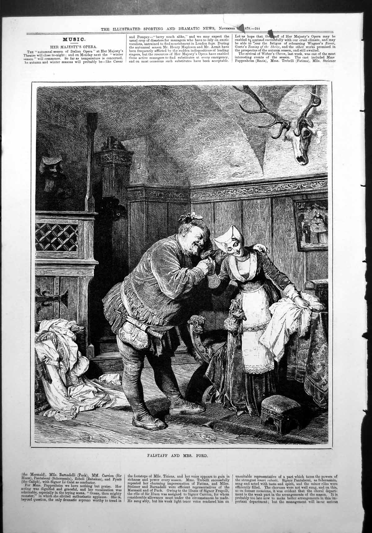 Antique Print Falstaff Mrs Ford Costume Drama Panelled Room Wood Floor 1879