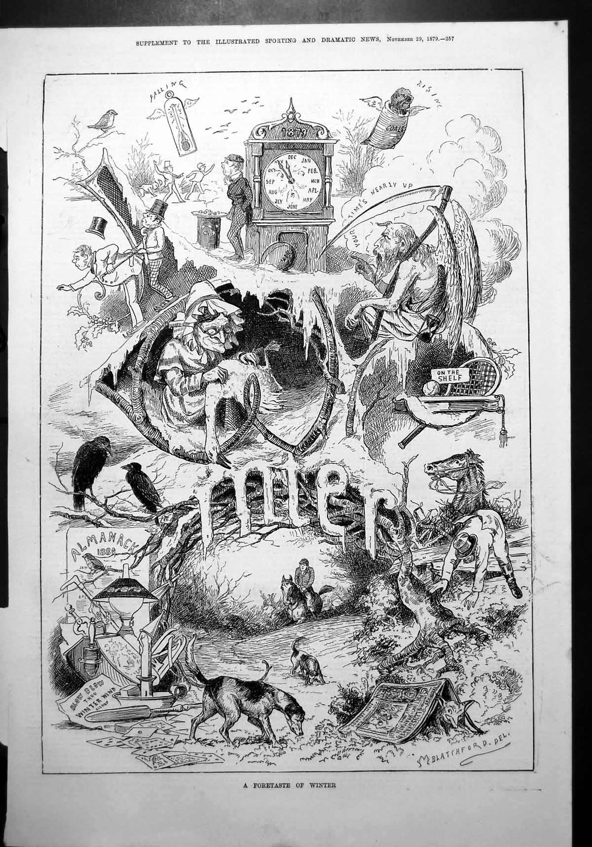 Antique Print Winter Weather Forecast Hunting Hounds Icicles End Year 1879 19th
