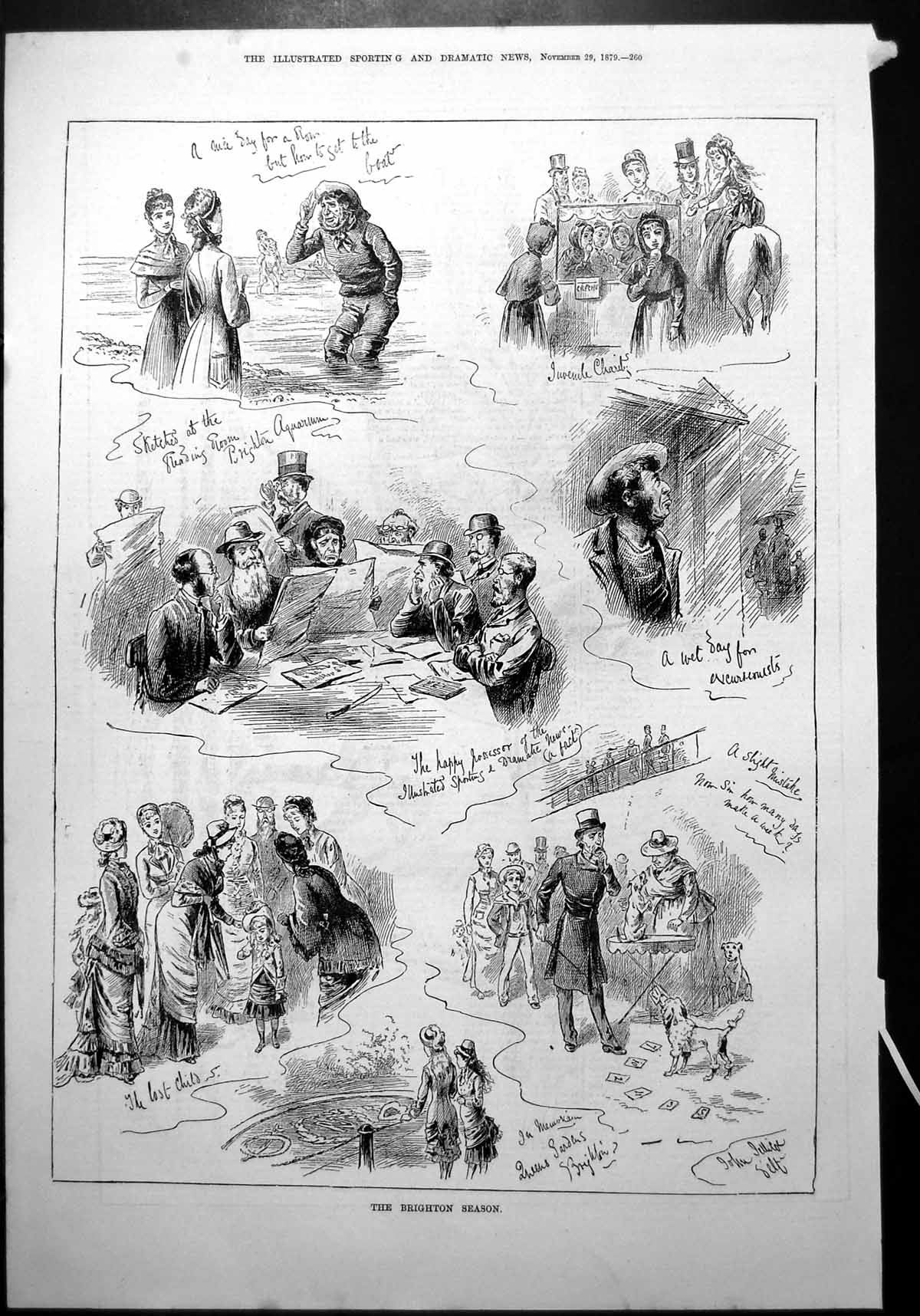 Old Print Brighton Season Rowing Pony Rides Reading Room Lost Child 1879 19th