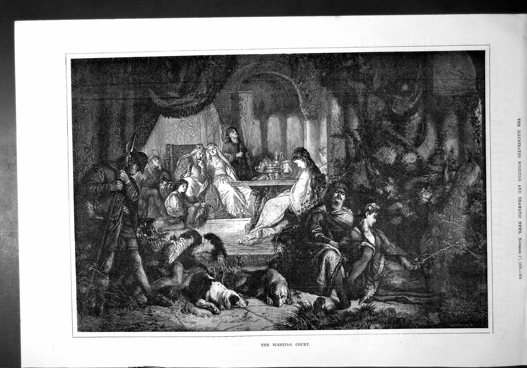 Old Sleeping Court Scene King Wine Queen Food Table Dogs Asleep 1879 Victorian